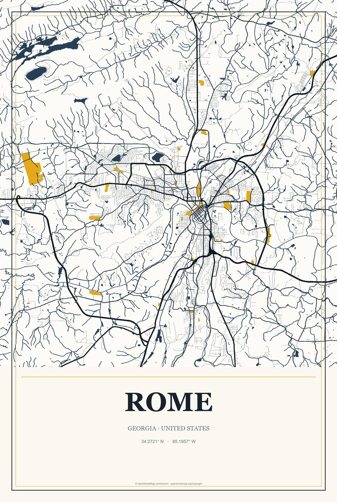 Rome, Georgia City Map Aluminum Sign in Citrine Modern style