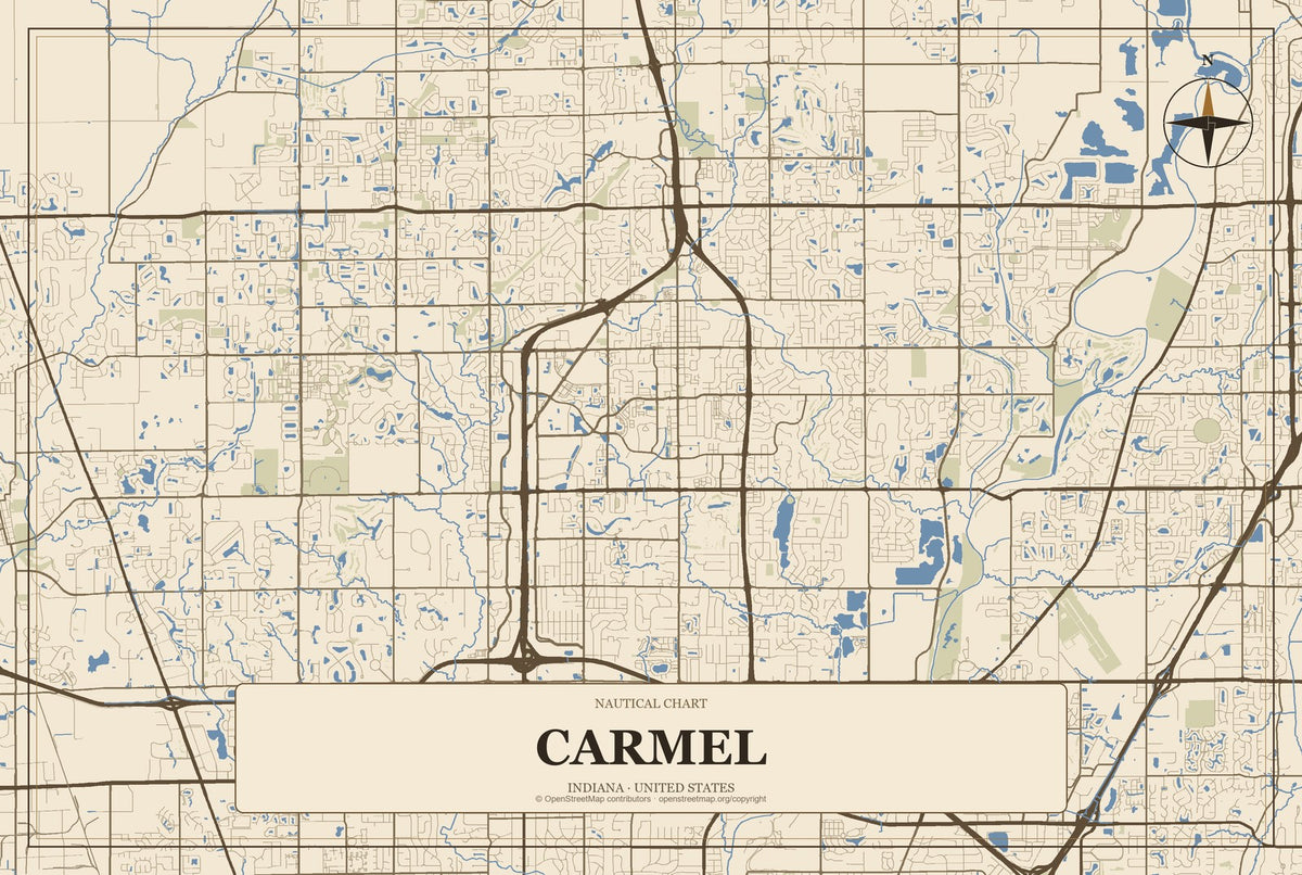 Carmel, Indiana City Map Aluminum Sign in Heritage Nautical style