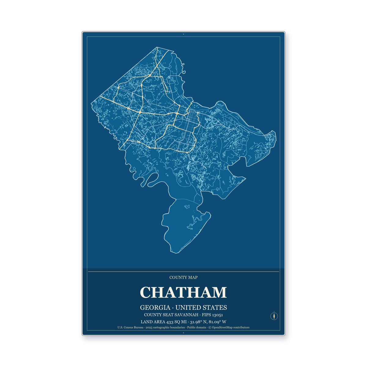 Chatham County, Georgia Map Aluminum Sign in Harbor Cobalt style