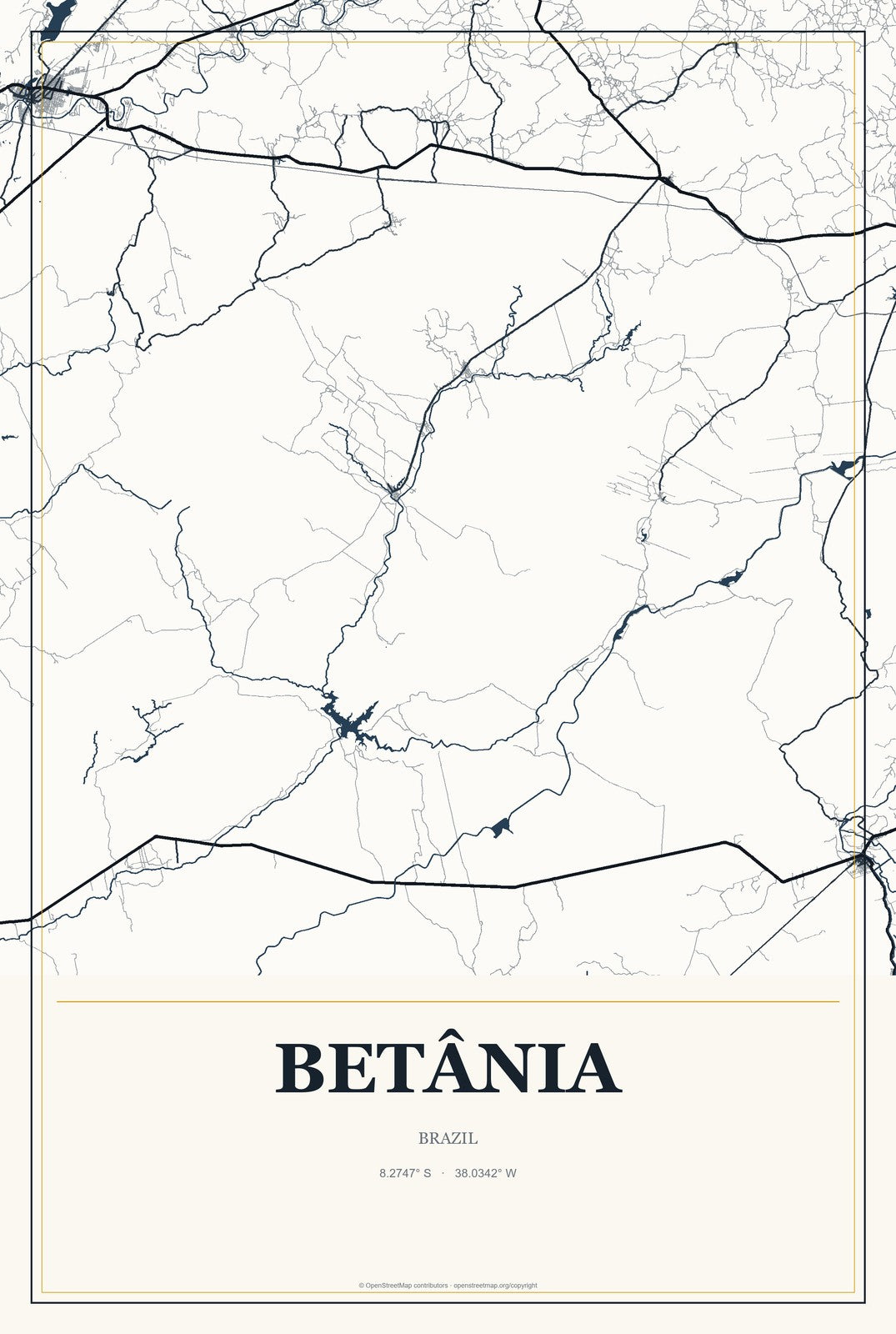 Betânia, Brazil City Map Aluminum Sign in Citrine Modern style