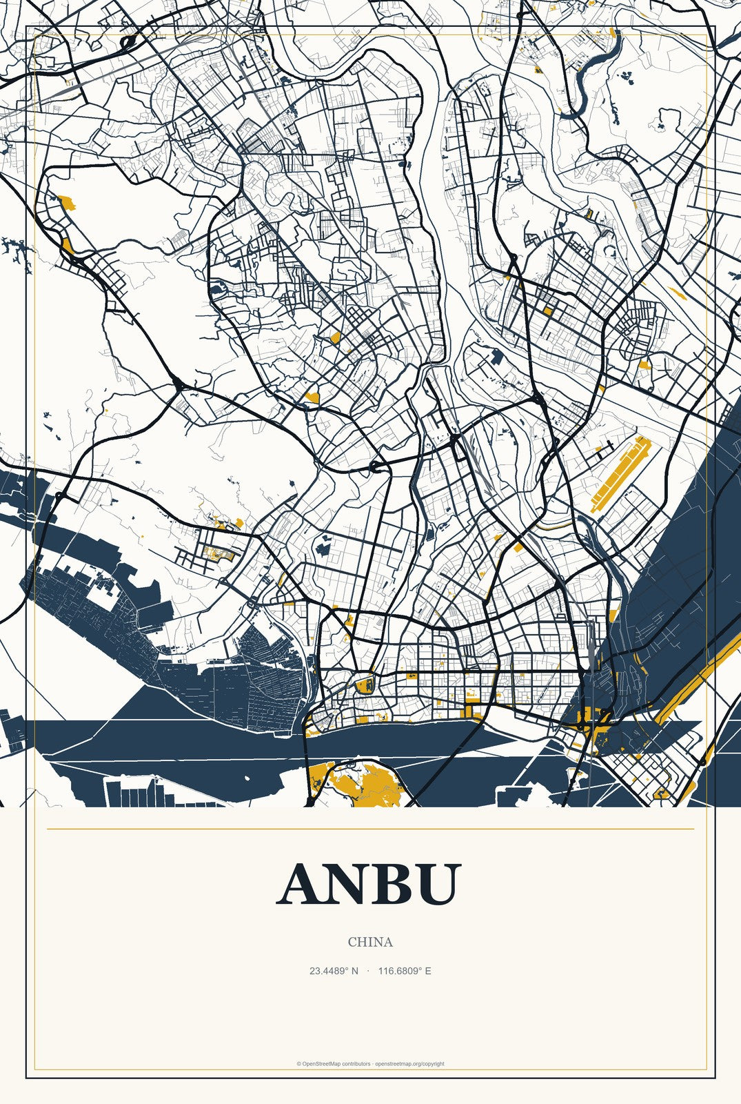 Anbu, China City Map Aluminum Sign in Citrine Modern style