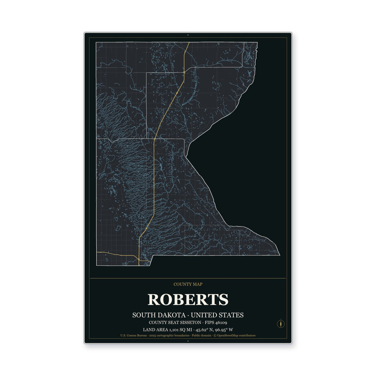 Roberts County, South Dakota Map Aluminum Sign in Metropolitan Noir style