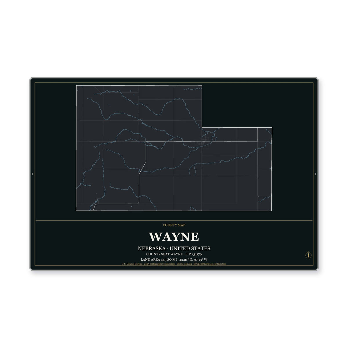 Wayne County, Nebraska Map Aluminum Sign in Metropolitan Noir style
