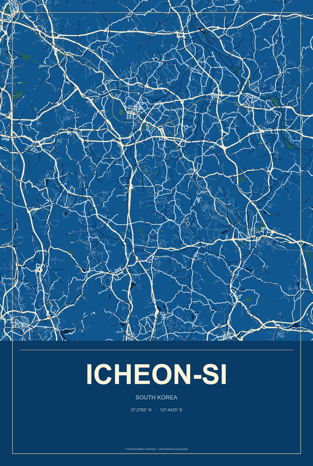Icheon-si, South Korea City Map Aluminum Sign in Harbor Cobalt style