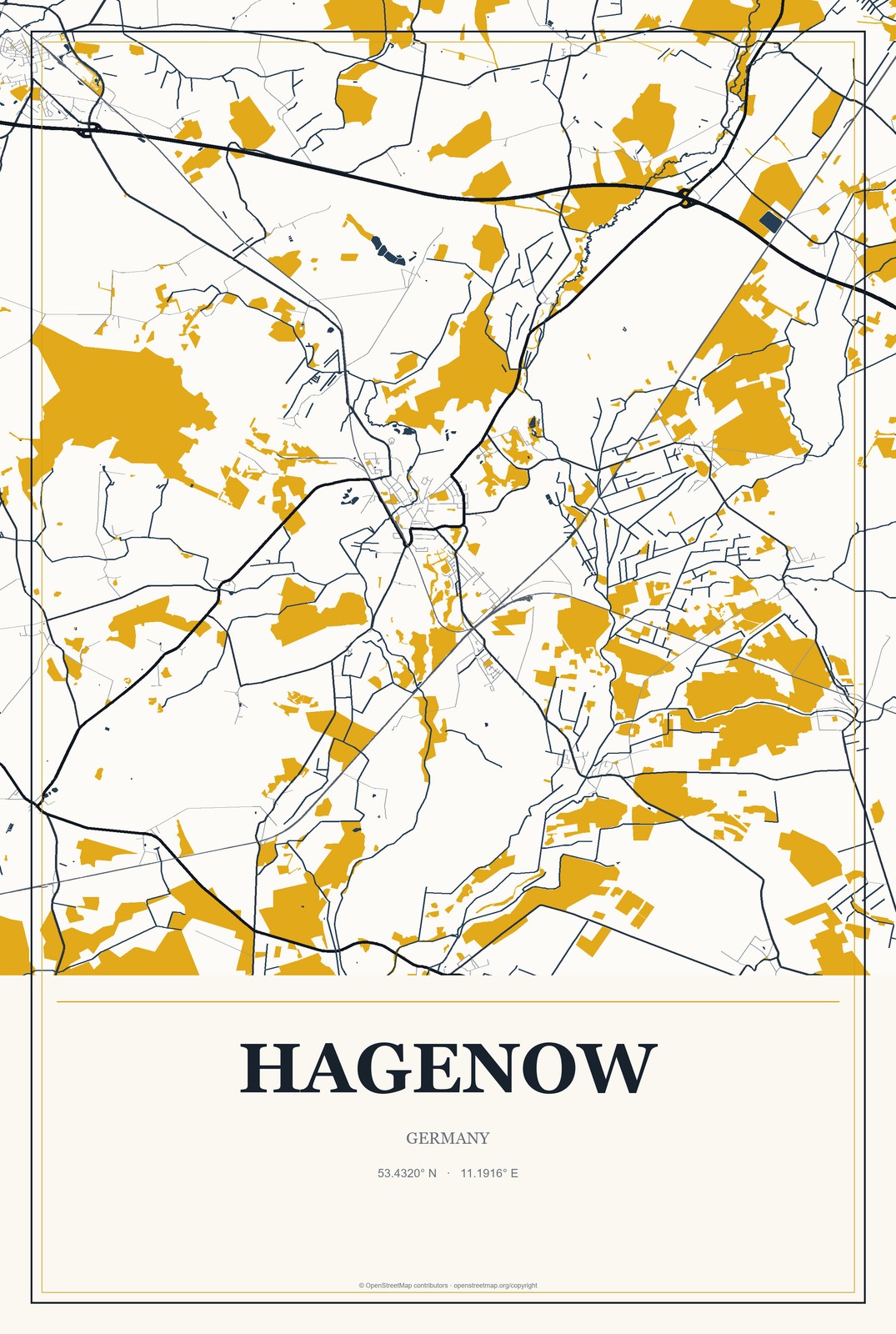 Hagenow, Germany City Map Aluminum Sign in Citrine Modern style