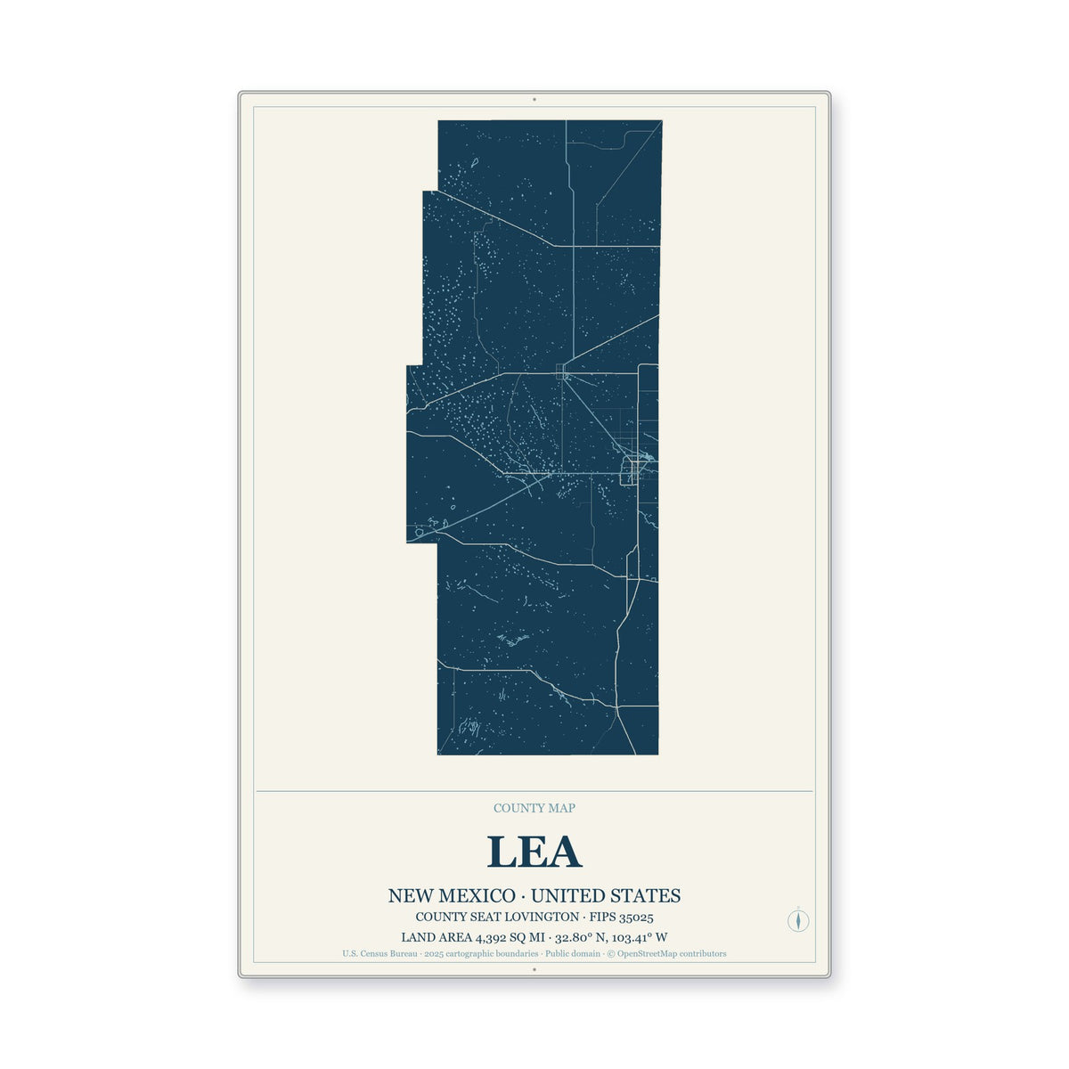 Lea County, New Mexico Map Aluminum Sign in Coastal Cutout style