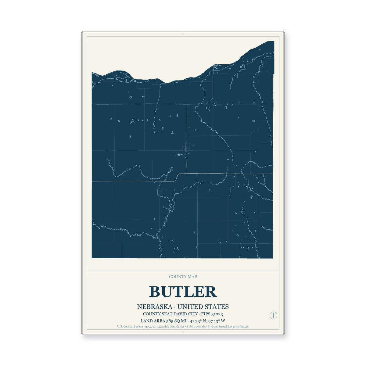 Butler County, Nebraska Map Aluminum Sign in Coastal Cutout style