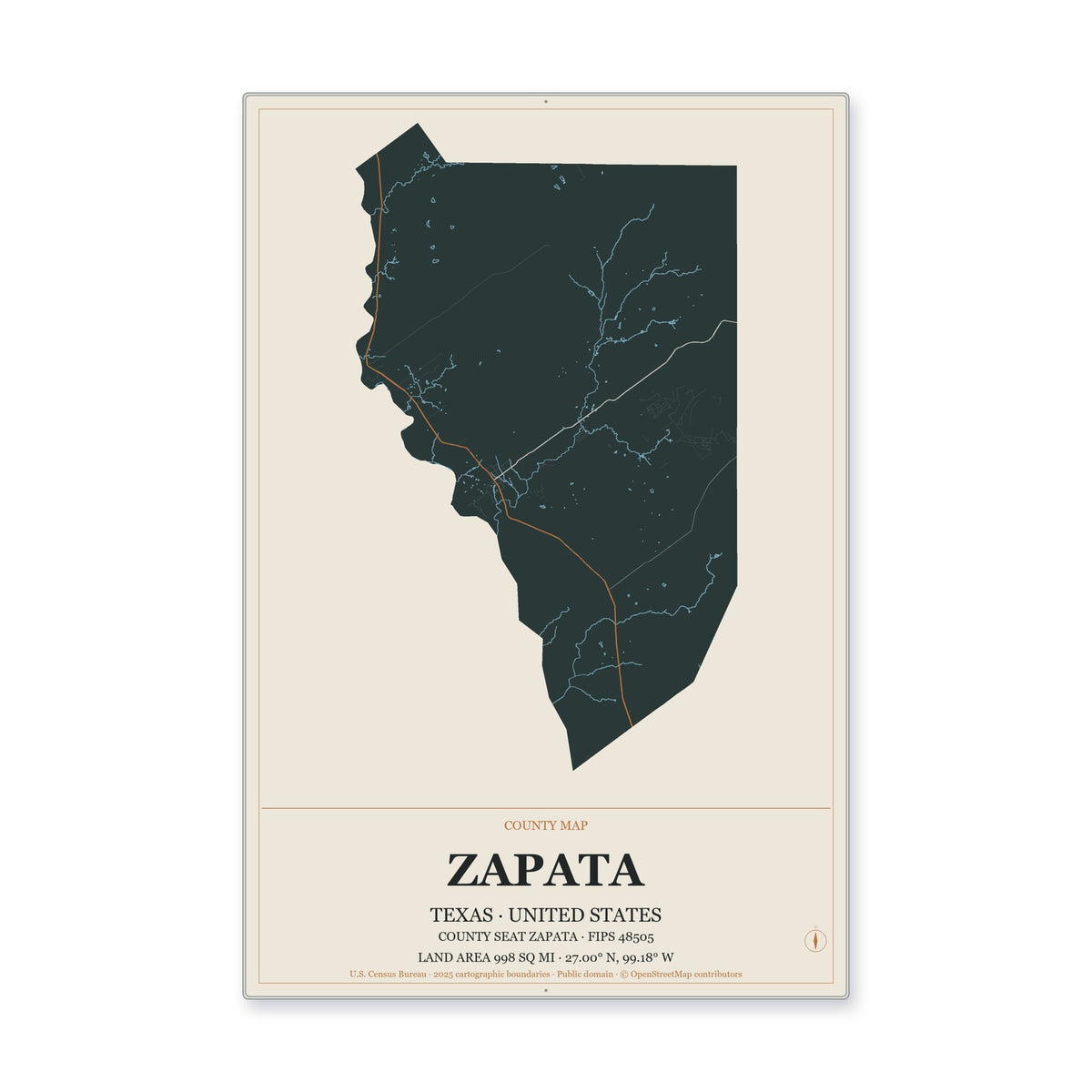 Zapata County, Texas Map Aluminum Sign in Headline Atlas style