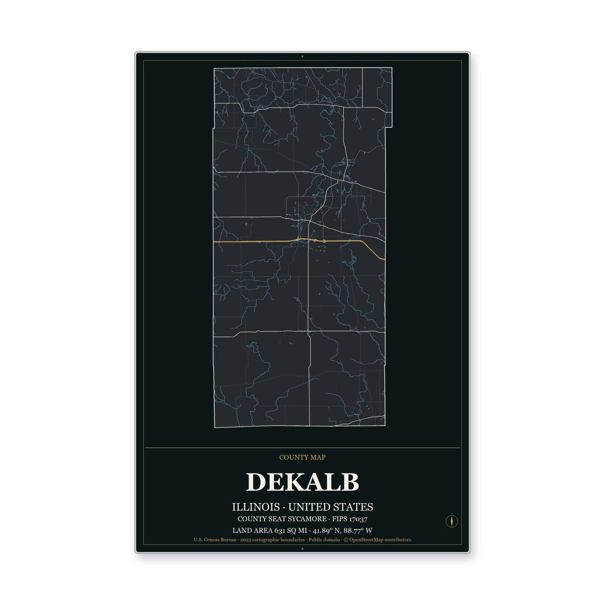DeKalb County, Illinois Map Aluminum Sign in Metropolitan Noir style