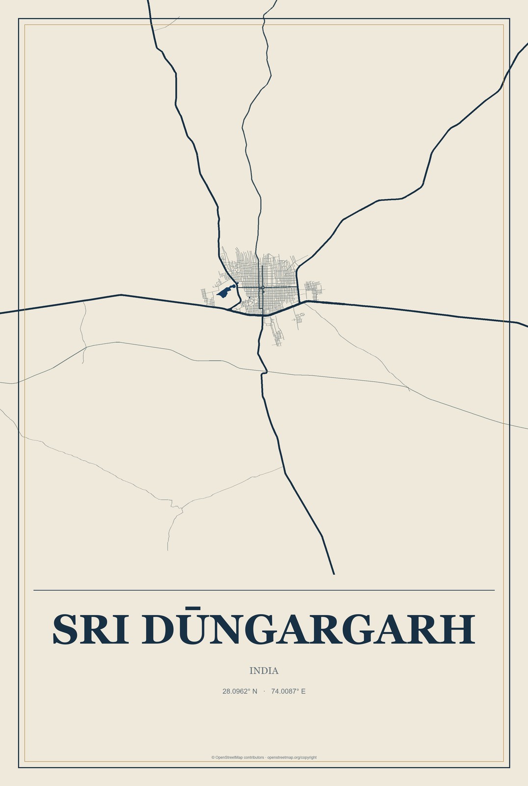 Sri Dūngargarh, India City Map Aluminum Sign in Coastal Cutout style