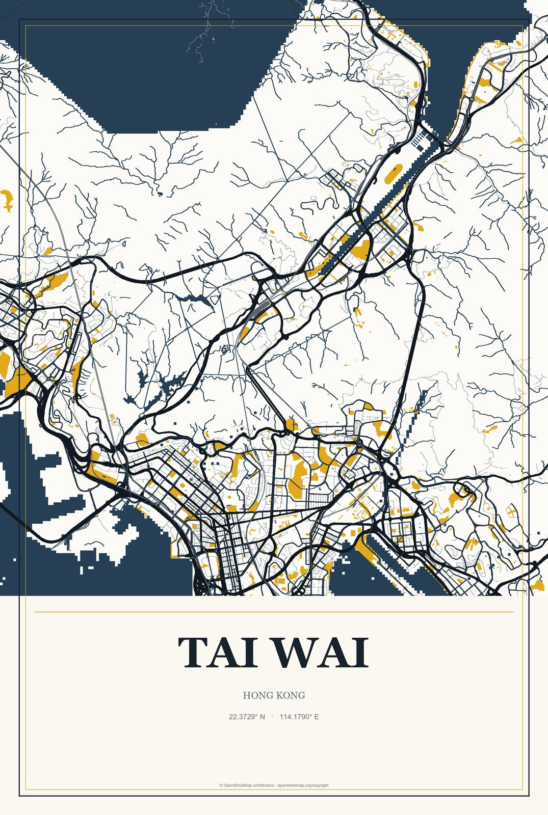 Tai Wai, Hong Kong City Map Aluminum Sign in Citrine Modern style