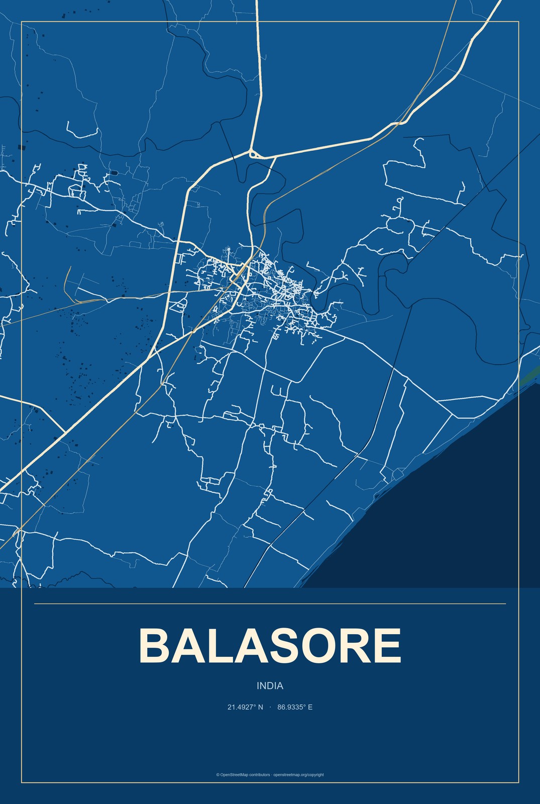 Balasore, India City Map Aluminum Sign in Harbor Cobalt style