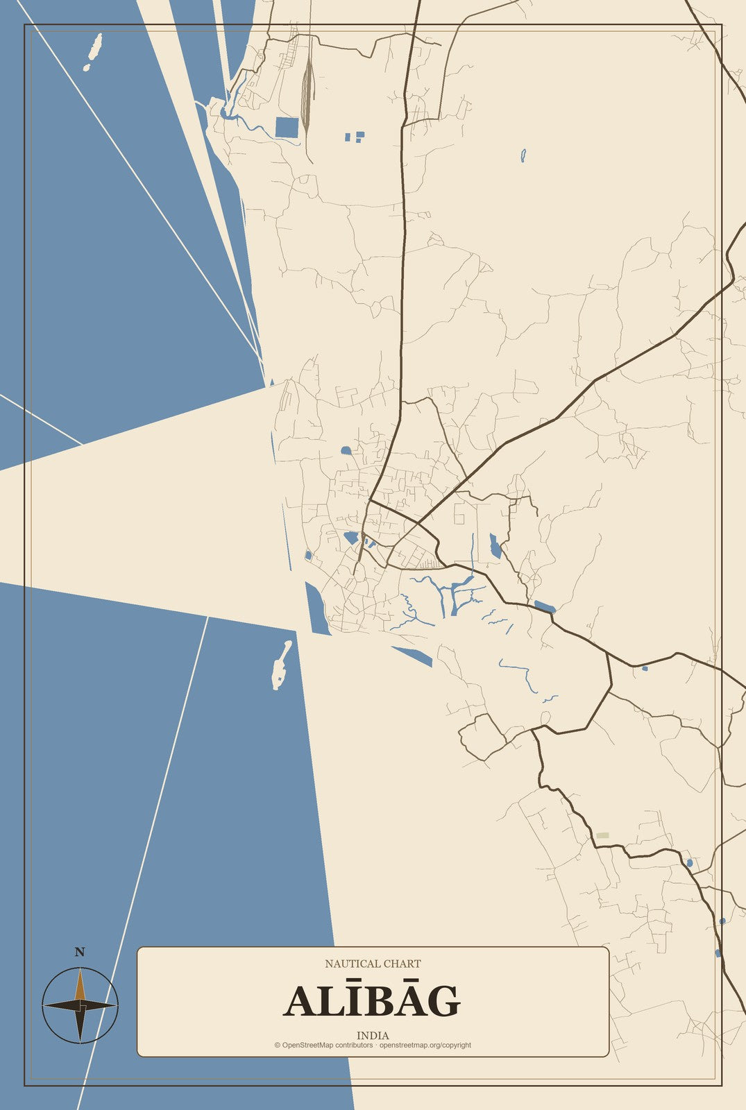 Alībāg, India City Map Aluminum Sign in Heritage Nautical style