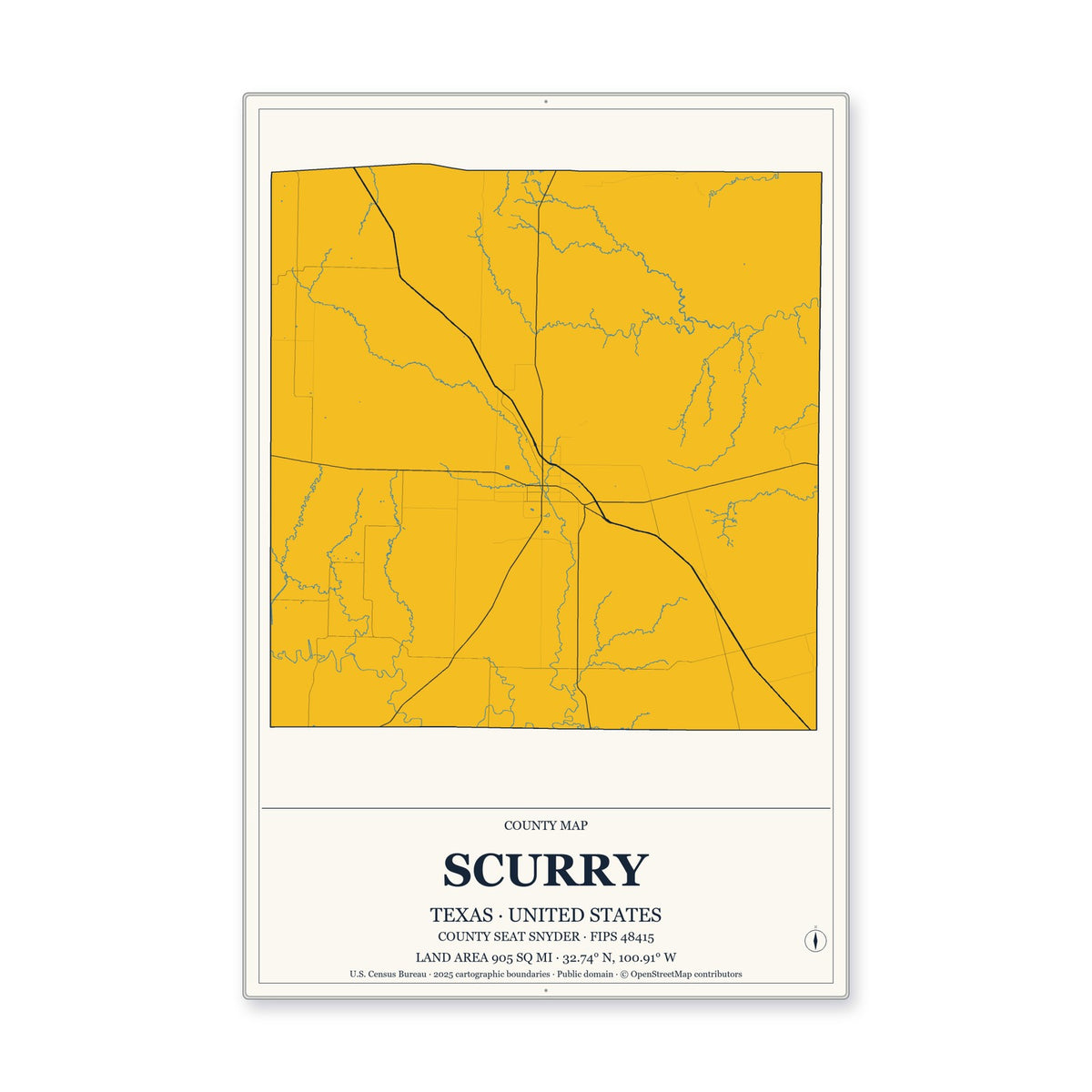 Scurry County, Texas Map Aluminum Sign in Citrine Modern style
