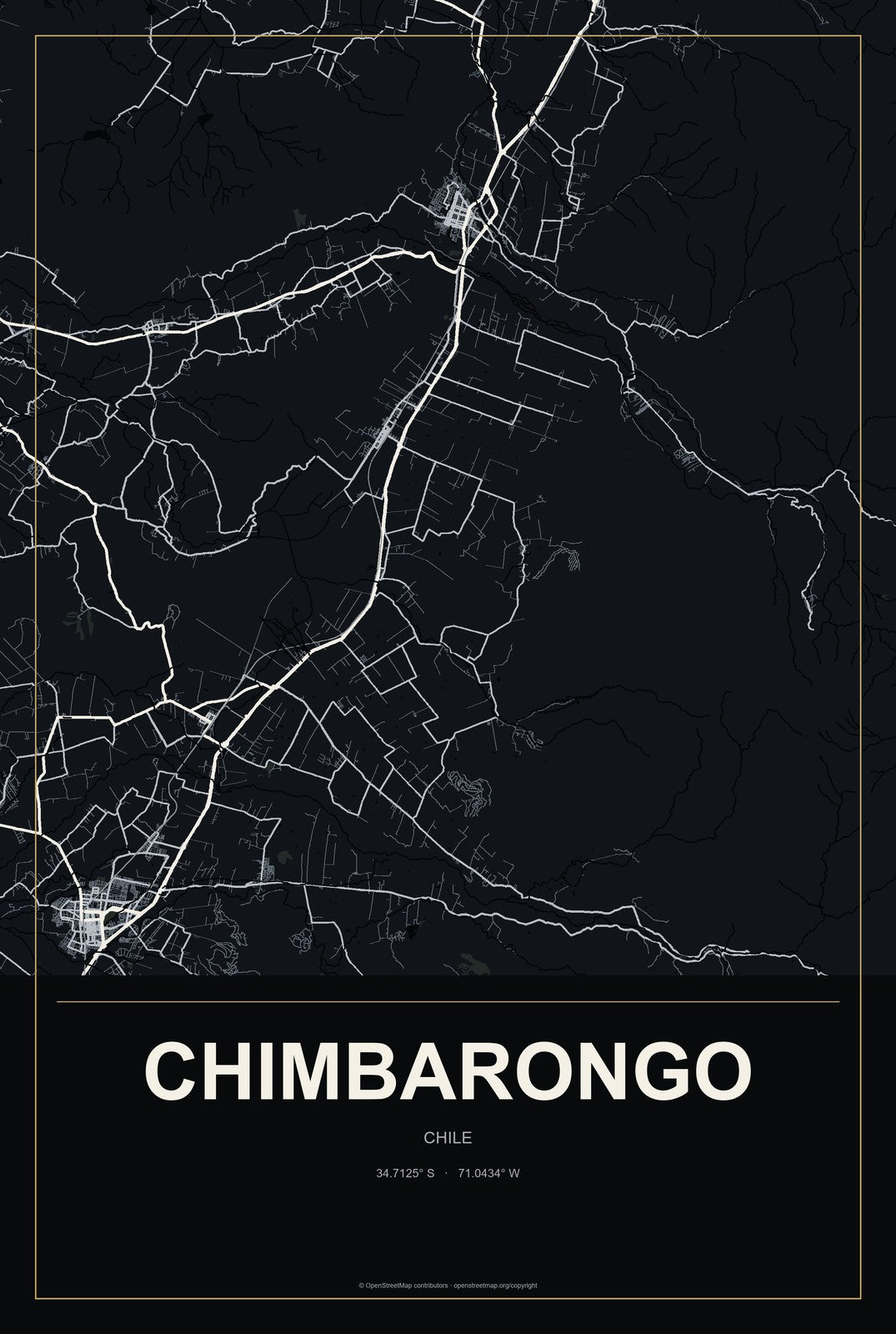 Chimbarongo, Chile City Map Aluminum Sign in Metropolitan Noir style