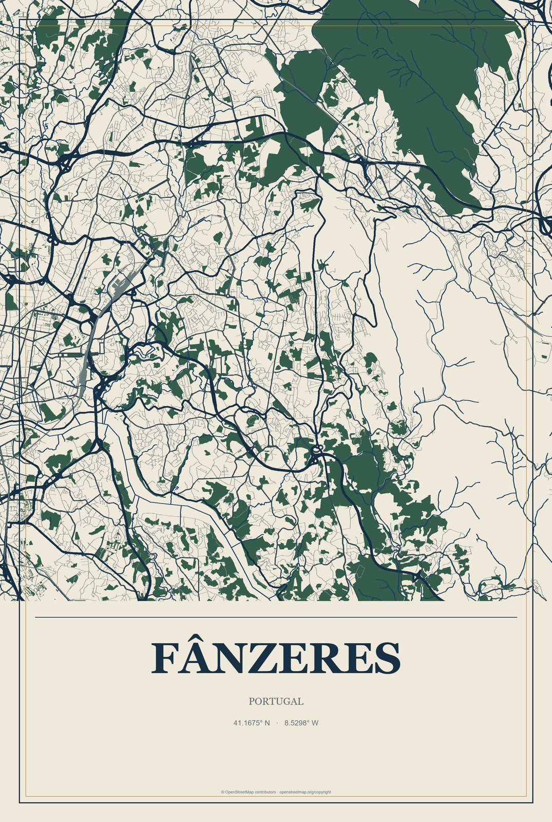 Fânzeres, Portugal City Map Aluminum Sign in Coastal Cutout style