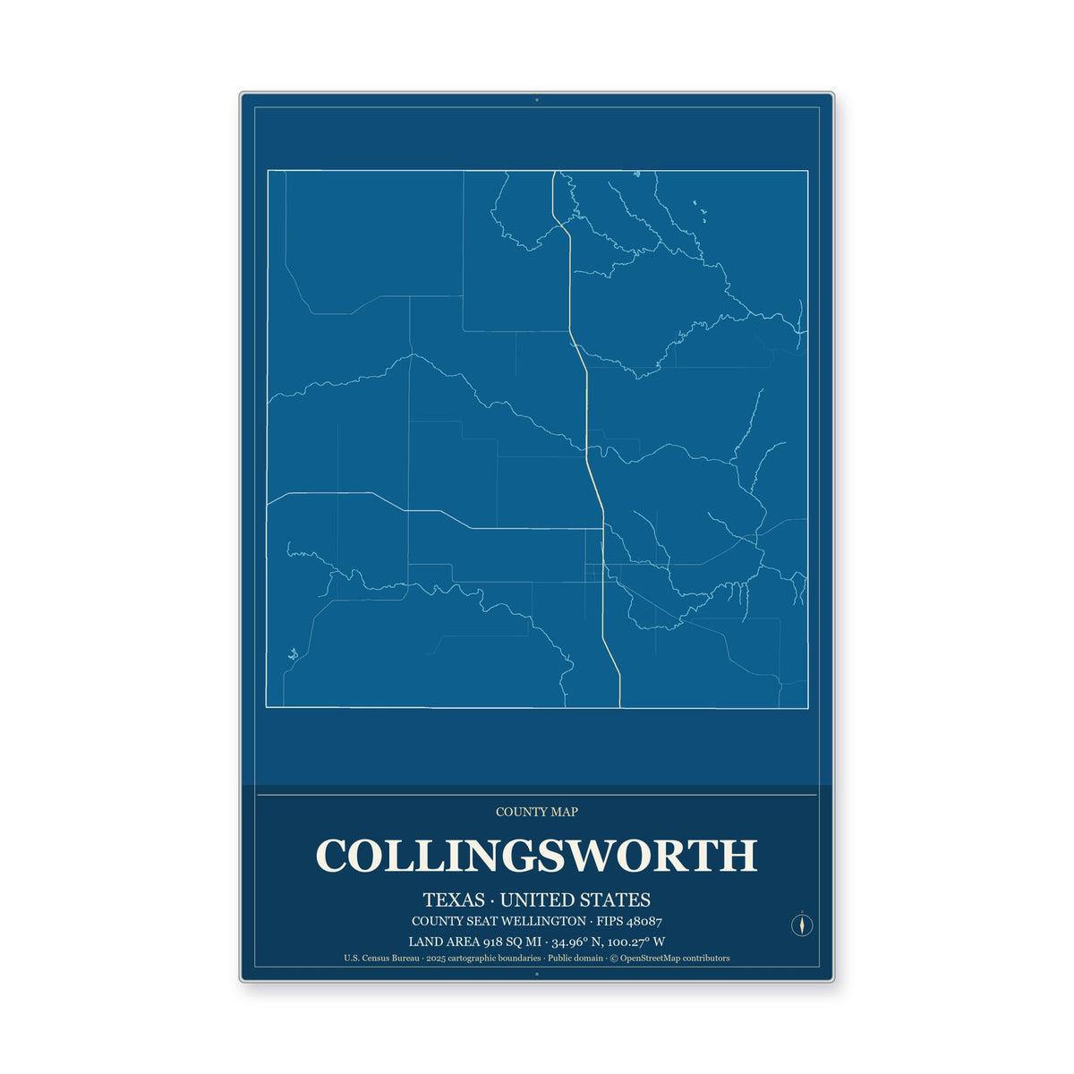 Collingsworth County, Texas Map Aluminum Sign in Harbor Cobalt style