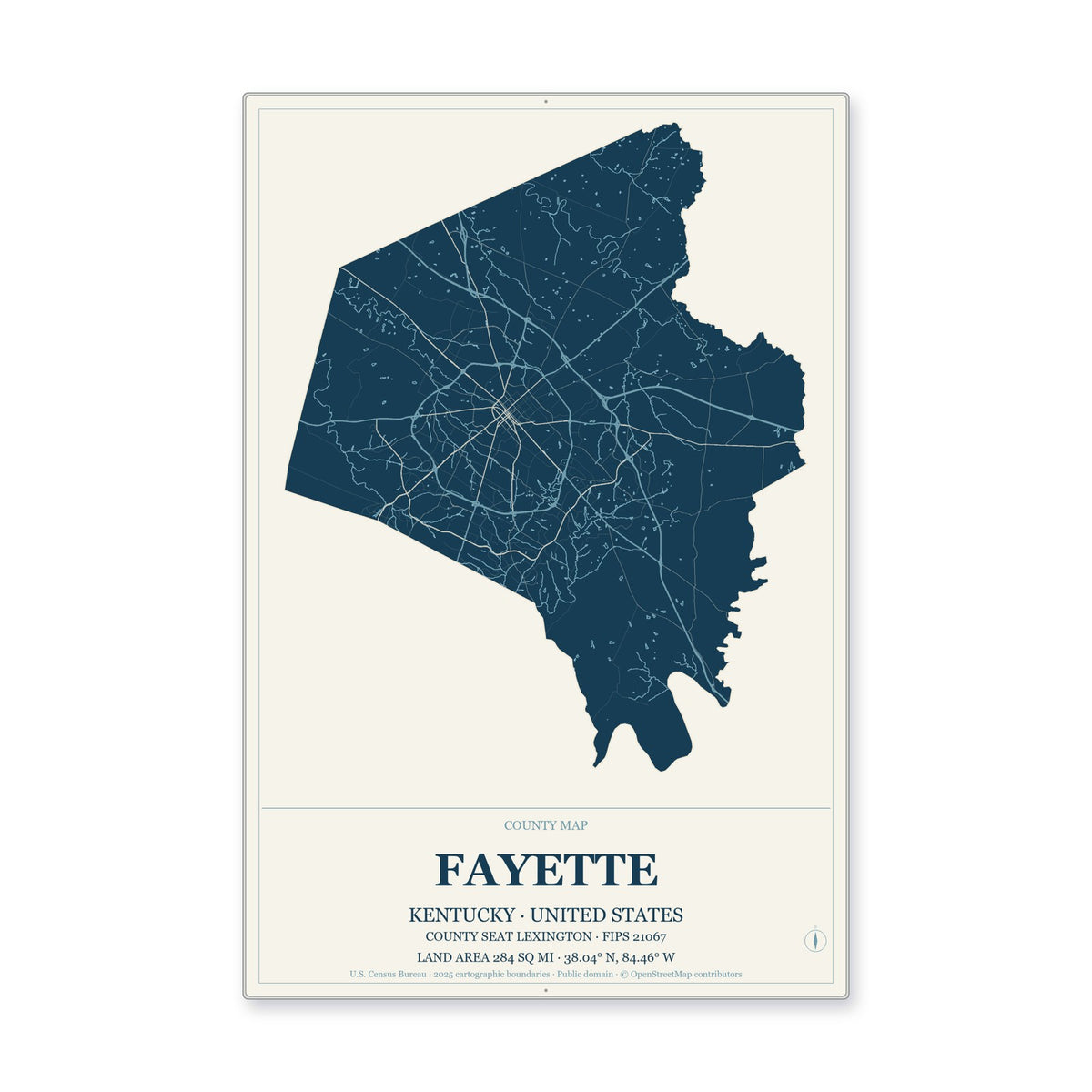 Fayette County, Kentucky Map Aluminum Sign in Coastal Cutout style