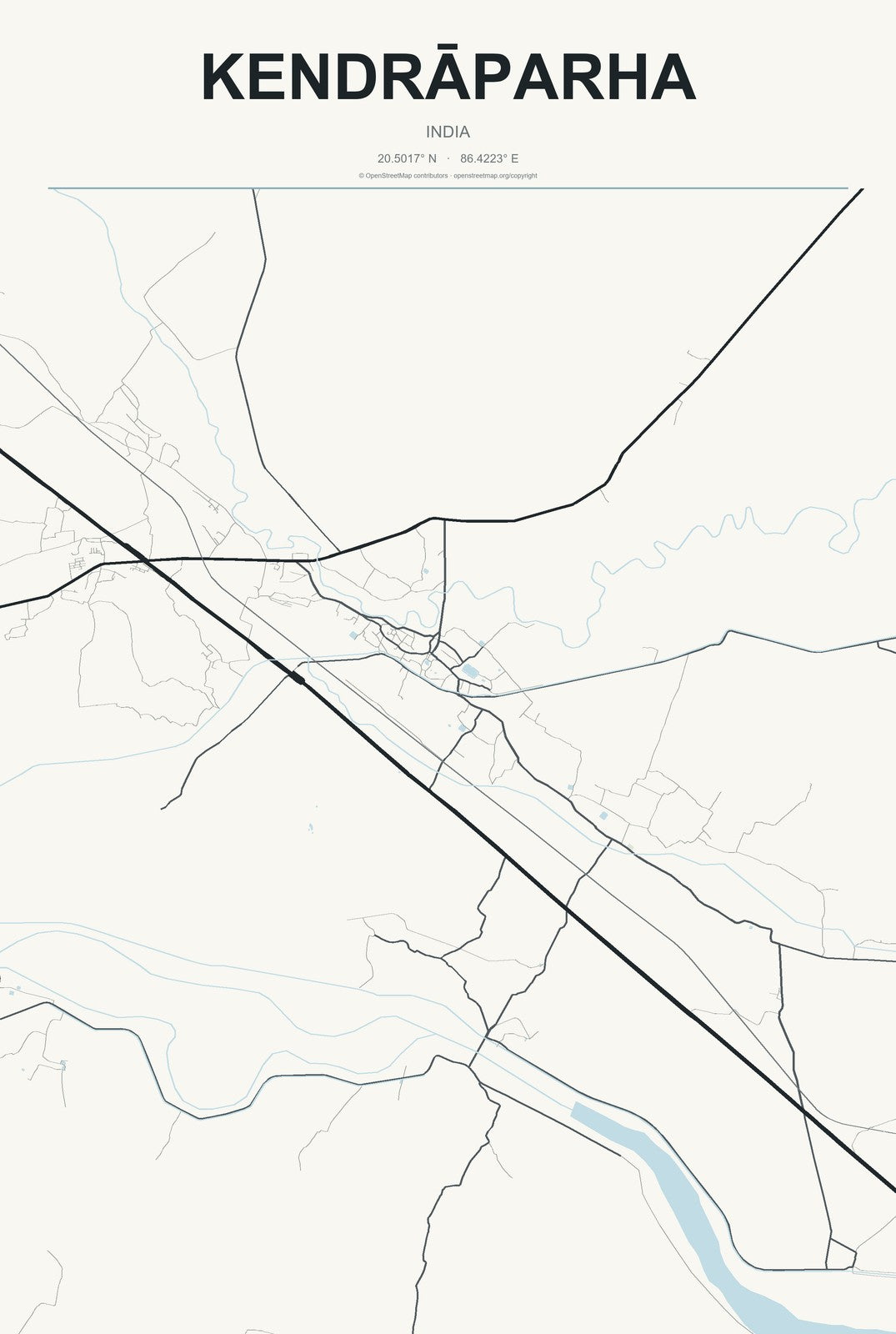 Kendrāparha, India City Map Aluminum Sign in Headline Atlas style