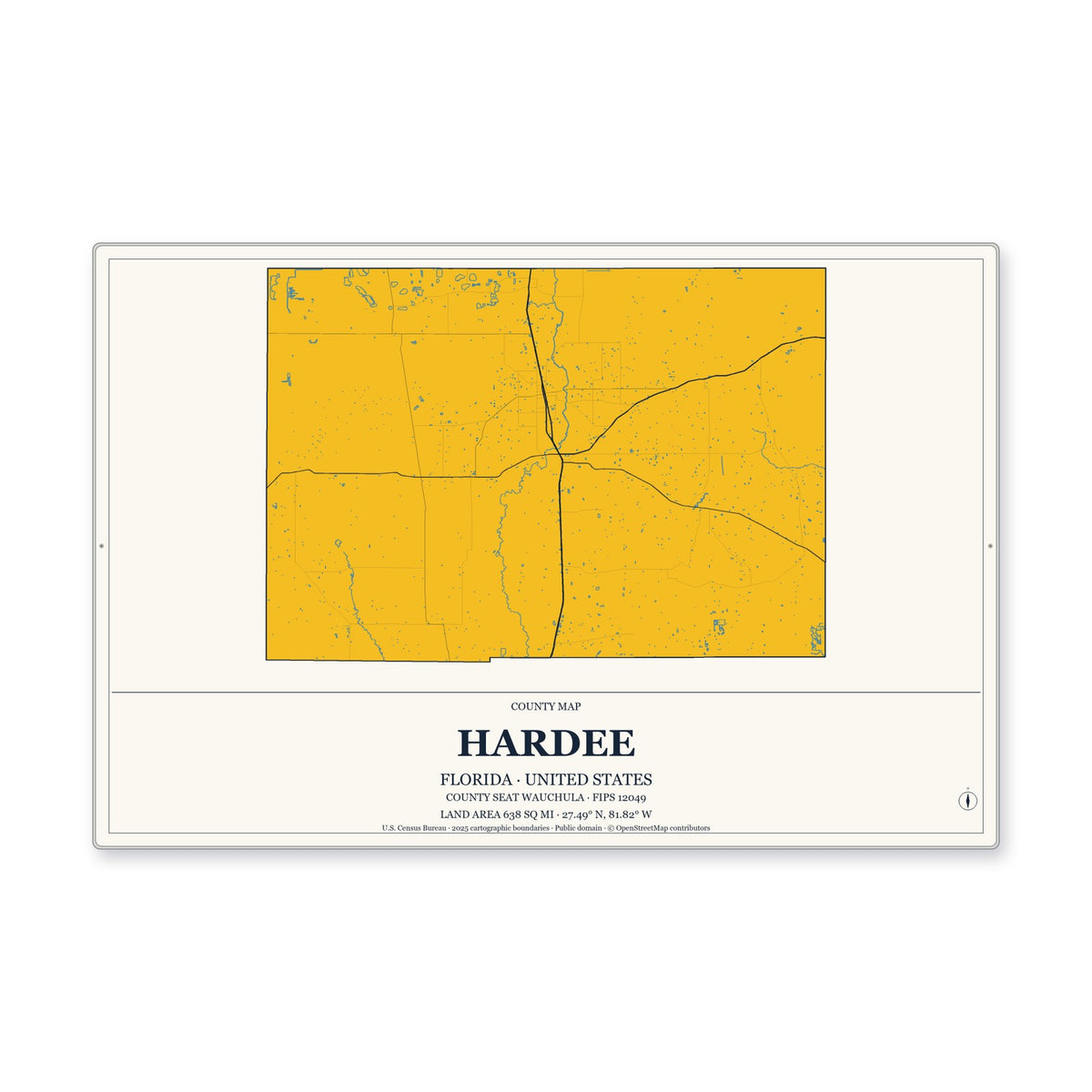 Hardee County, Florida Map Aluminum Sign in Citrine Modern style