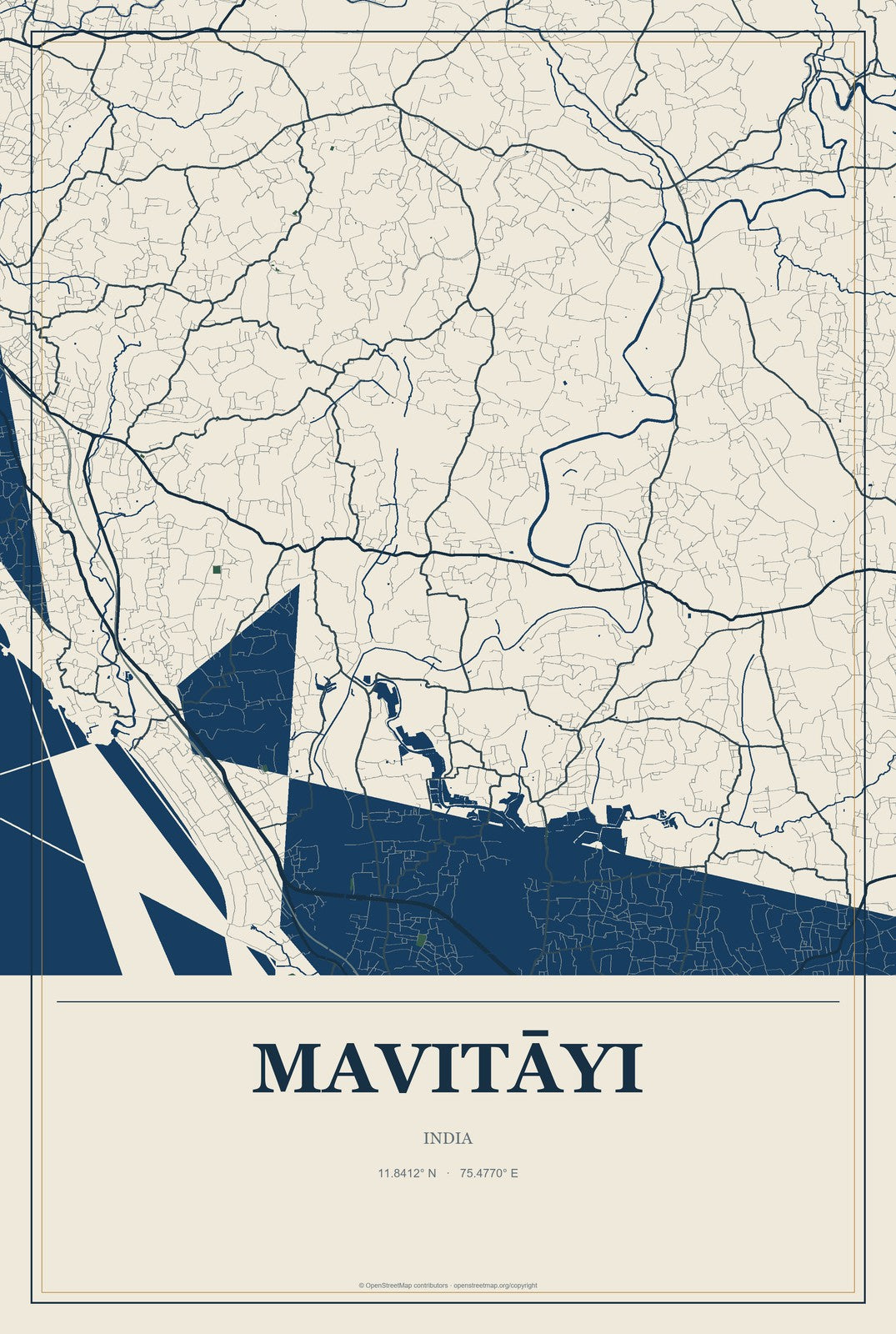 Mavitāyi, India City Map Aluminum Sign in Coastal Cutout style