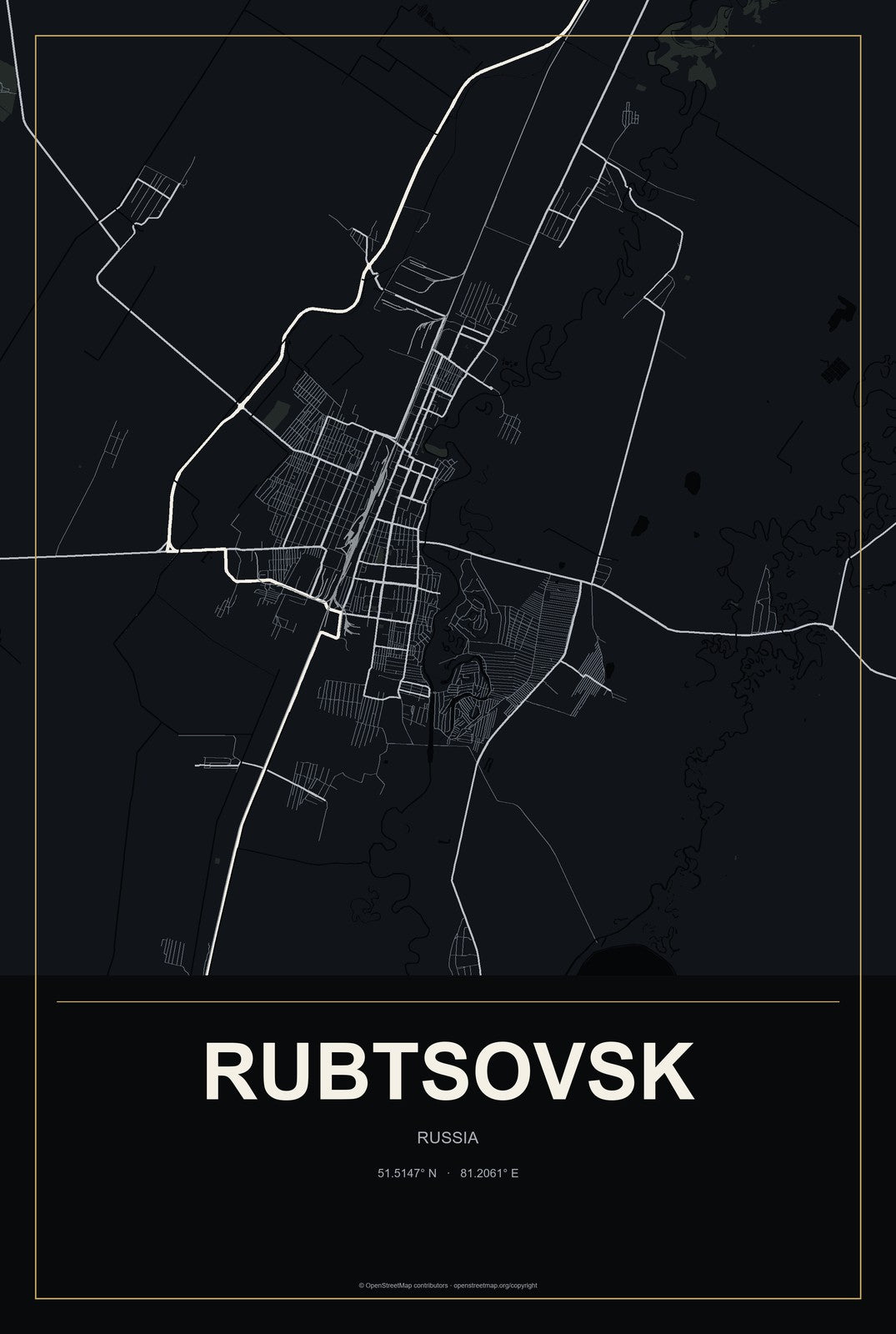 Rubtsovsk, Russia City Map Aluminum Sign in Metropolitan Noir style