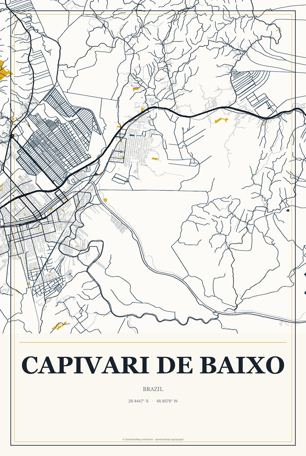 Capivari de Baixo, Brazil City Map Aluminum Sign in Citrine Modern style