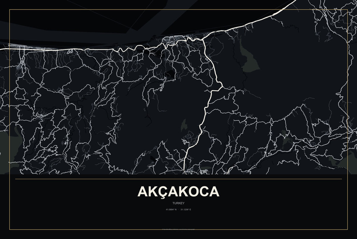Akçakoca, Turkey City Map Aluminum Sign in Metropolitan Noir style
