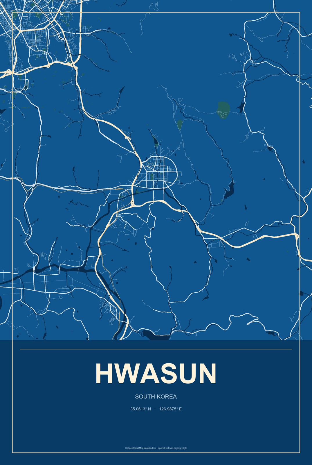 Hwasun, South Korea City Map Aluminum Sign in Harbor Cobalt style