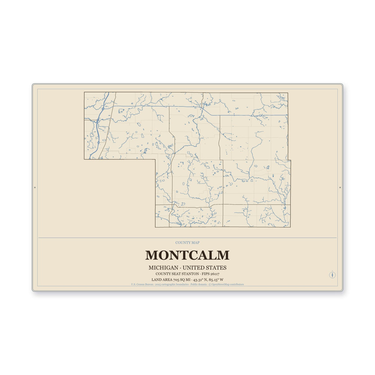 Montcalm County, Michigan Map Aluminum Sign in Heritage Nautical style