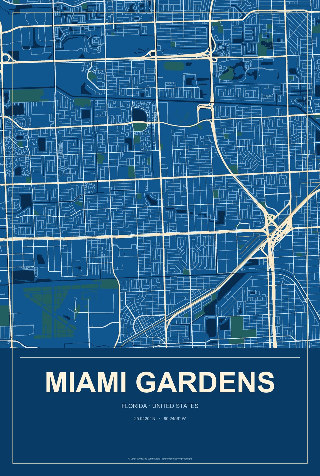 Miami Gardens, Florida City Map Aluminum Sign in Harbor Cobalt style