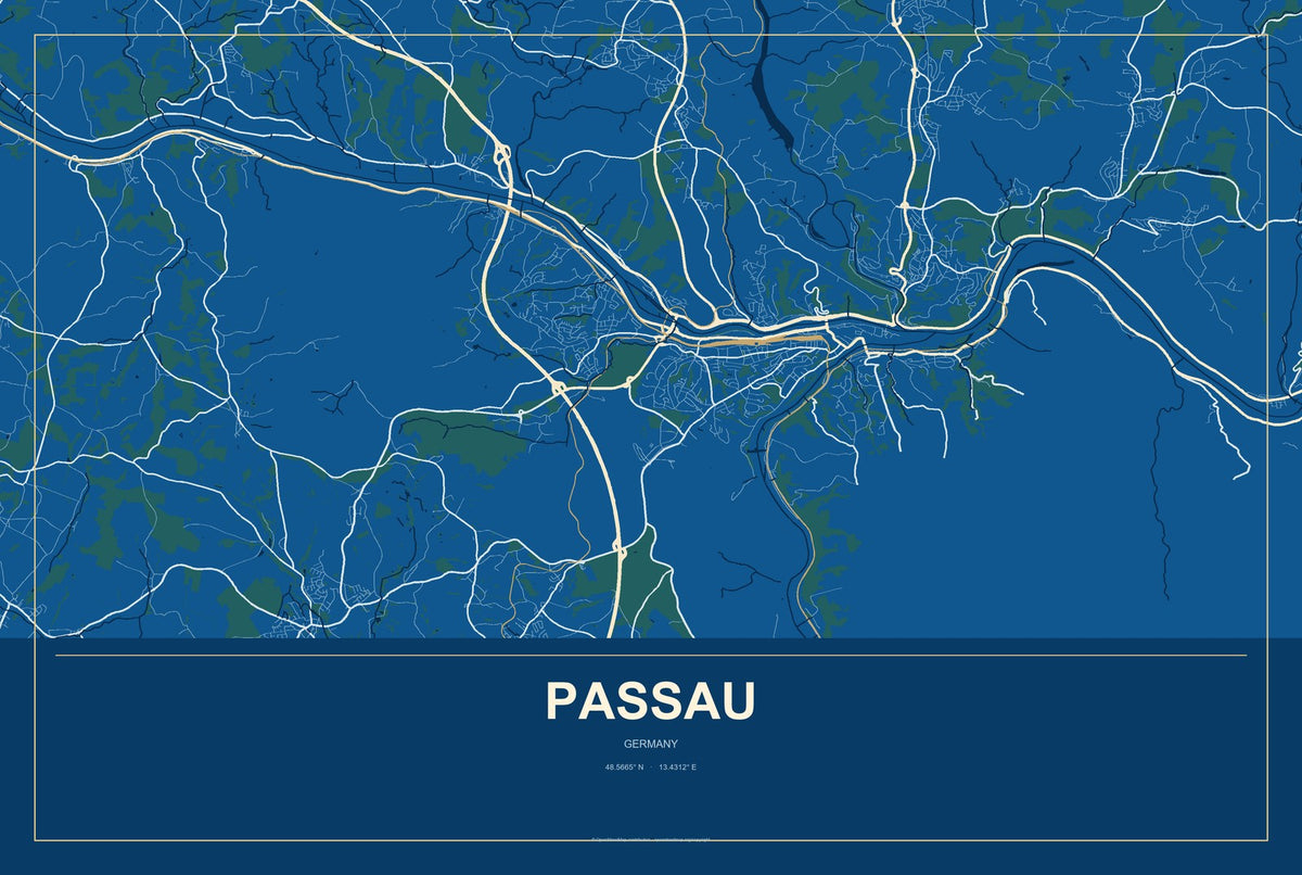 Passau, Germany City Map Aluminum Sign in Harbor Cobalt style