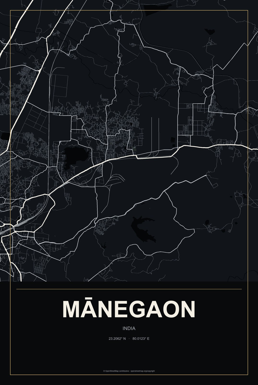 Mānegaon, India City Map Aluminum Sign in Metropolitan Noir style