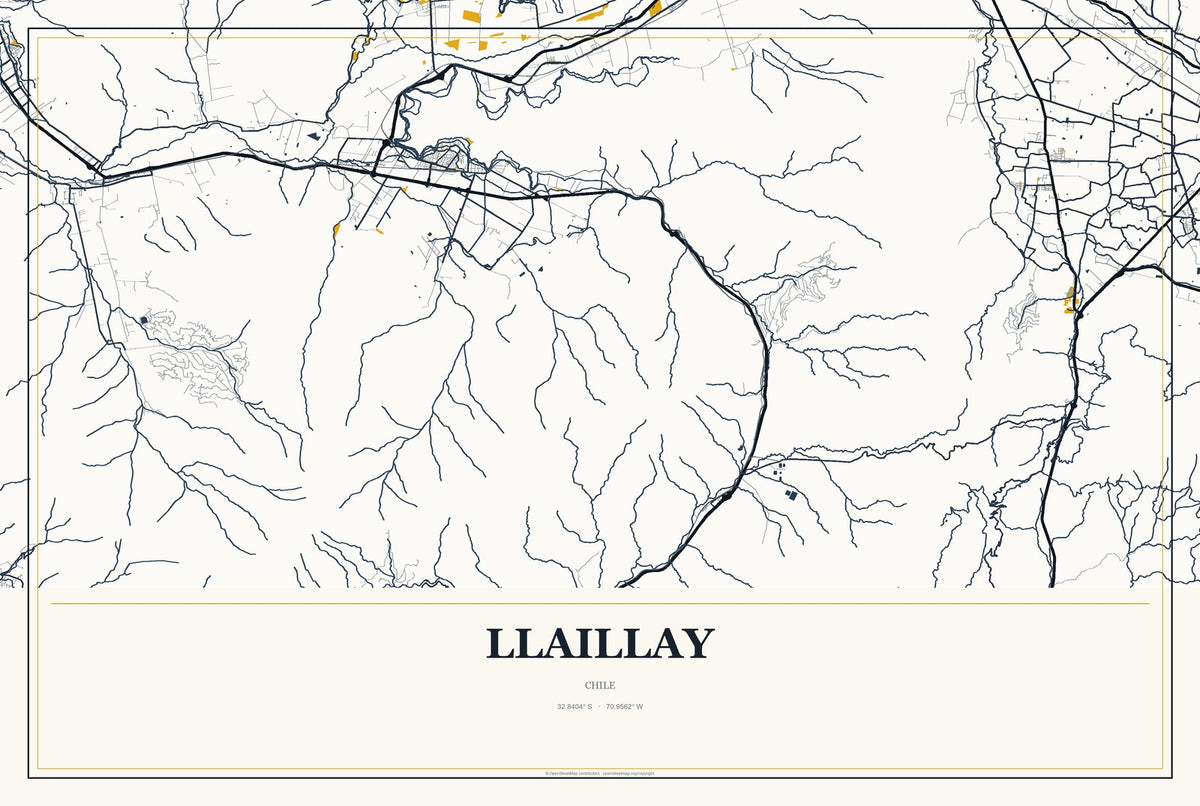 Llaillay, Chile City Map Aluminum Sign in Citrine Modern style