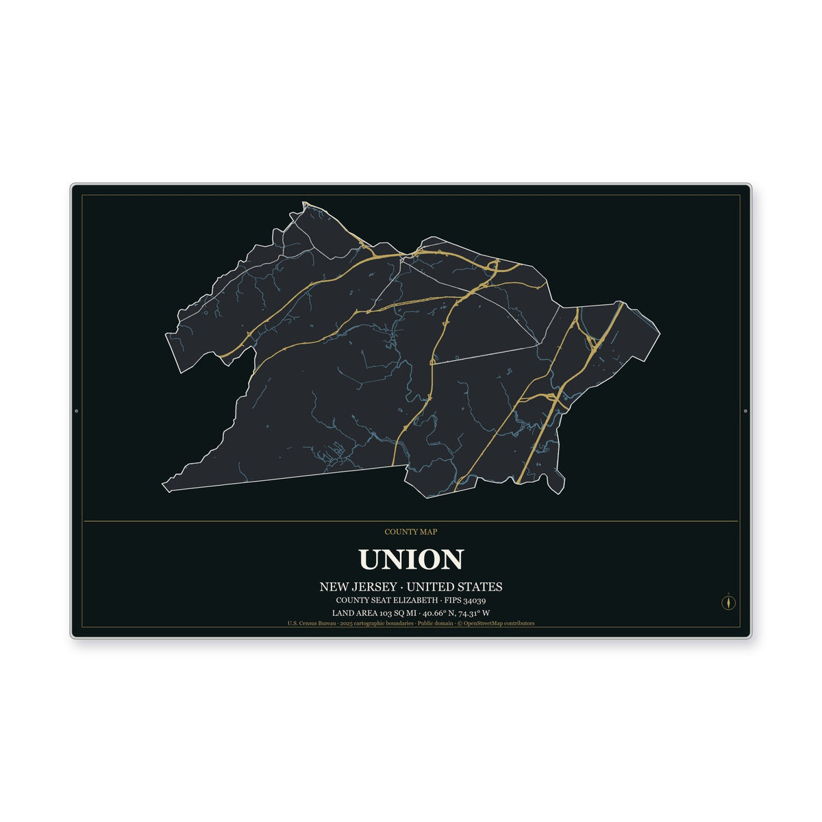 Union County, New Jersey Map Aluminum Sign in Metropolitan Noir style
