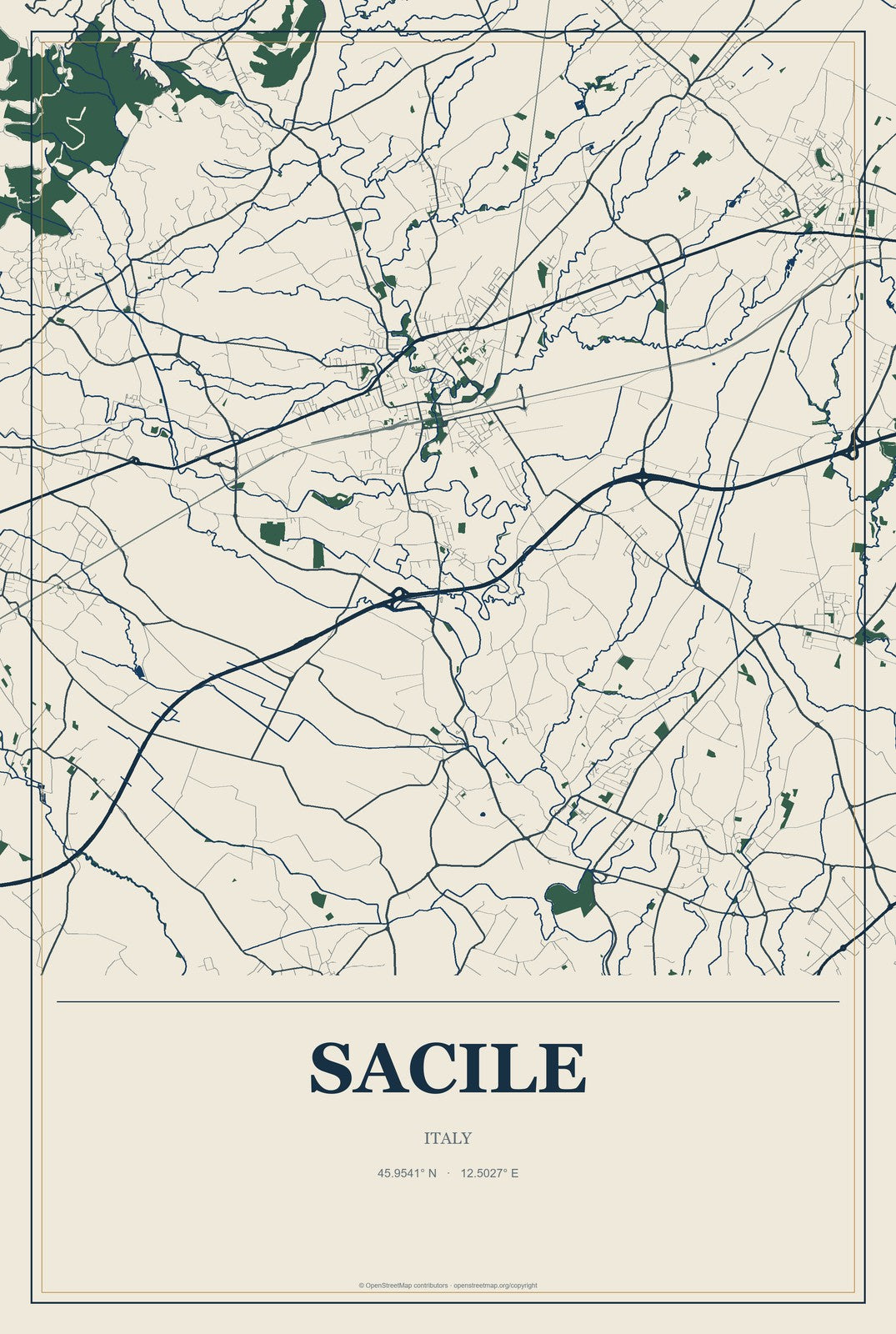 Sacile, Italy City Map Aluminum Sign in Coastal Cutout style