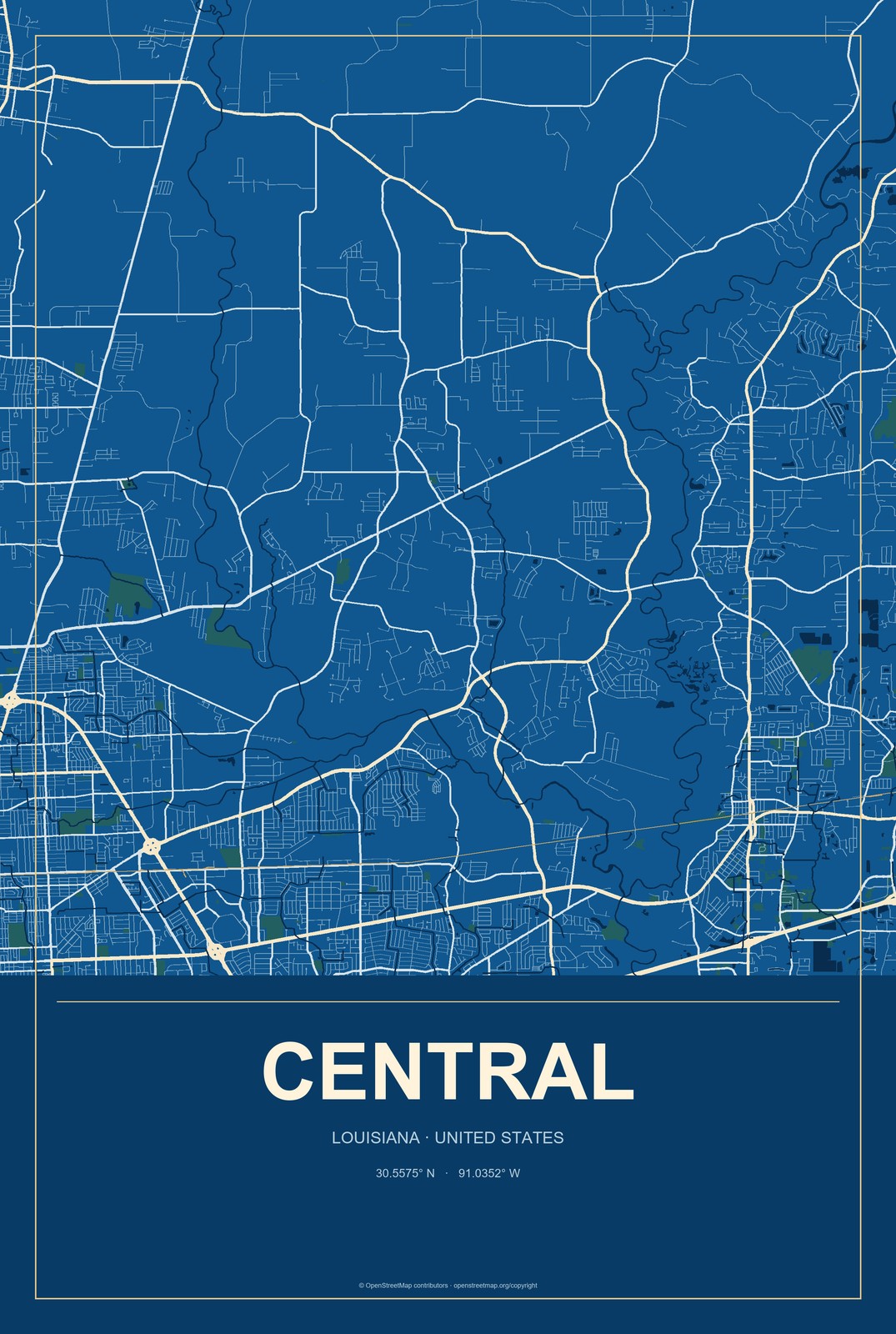 Central, Louisiana City Map Aluminum Sign in Harbor Cobalt style