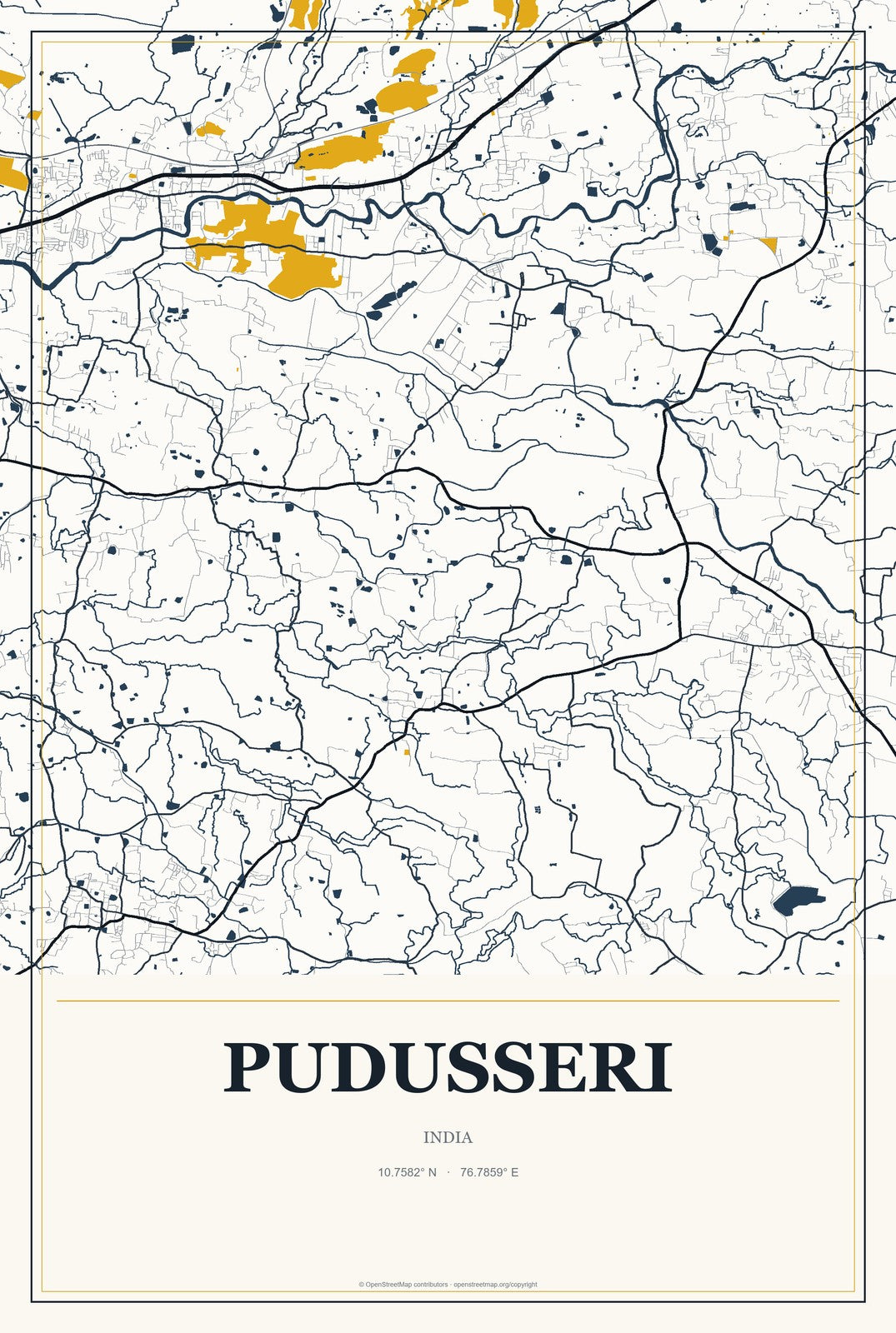 Pudusseri, India City Map Aluminum Sign in Citrine Modern style