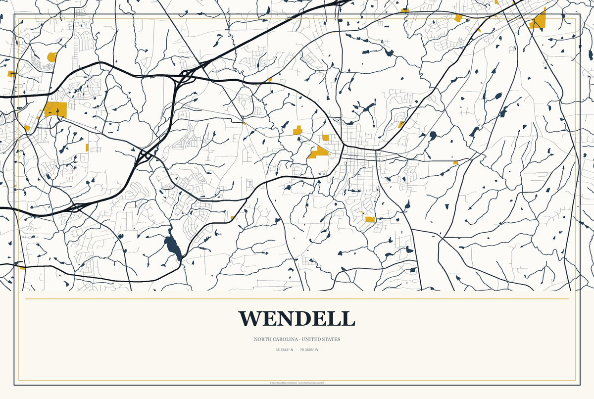 Wendell, North Carolina City Map Aluminum Sign in Citrine Modern style