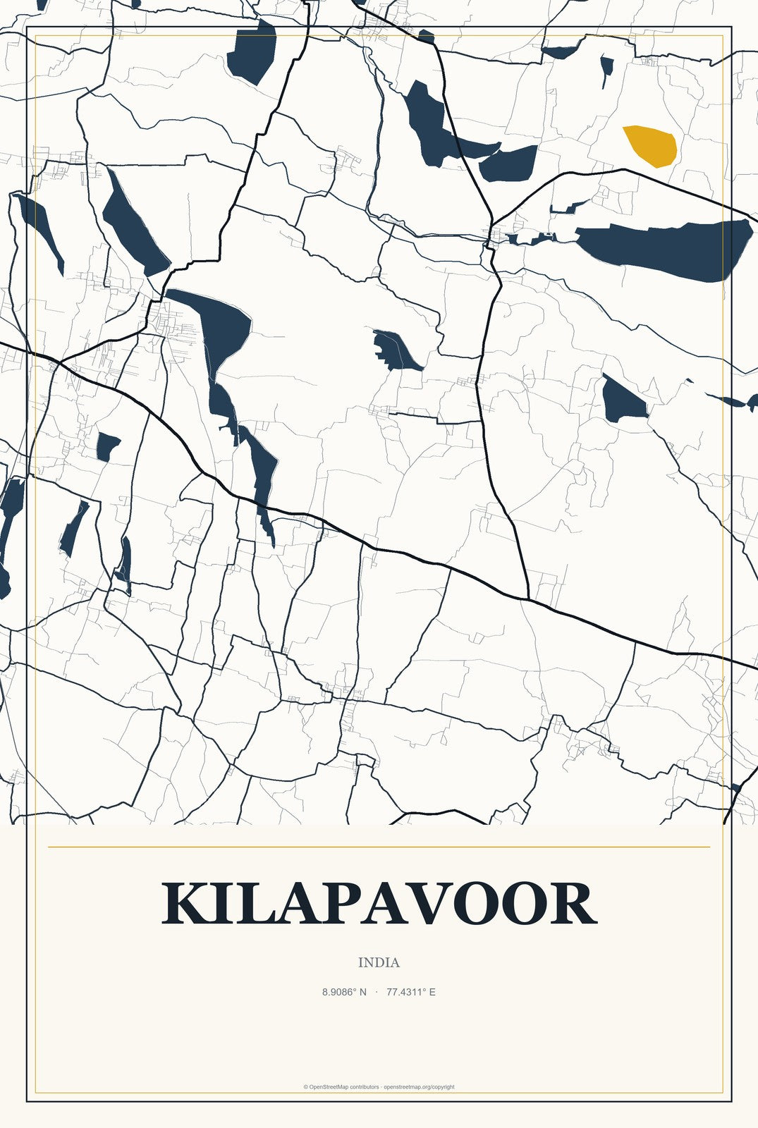 Kilapavoor, India City Map Aluminum Sign in Citrine Modern style