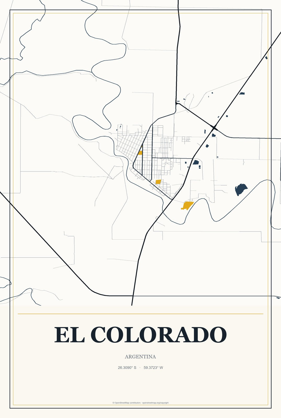 El Colorado, Argentina City Map Aluminum Sign in Citrine Modern style