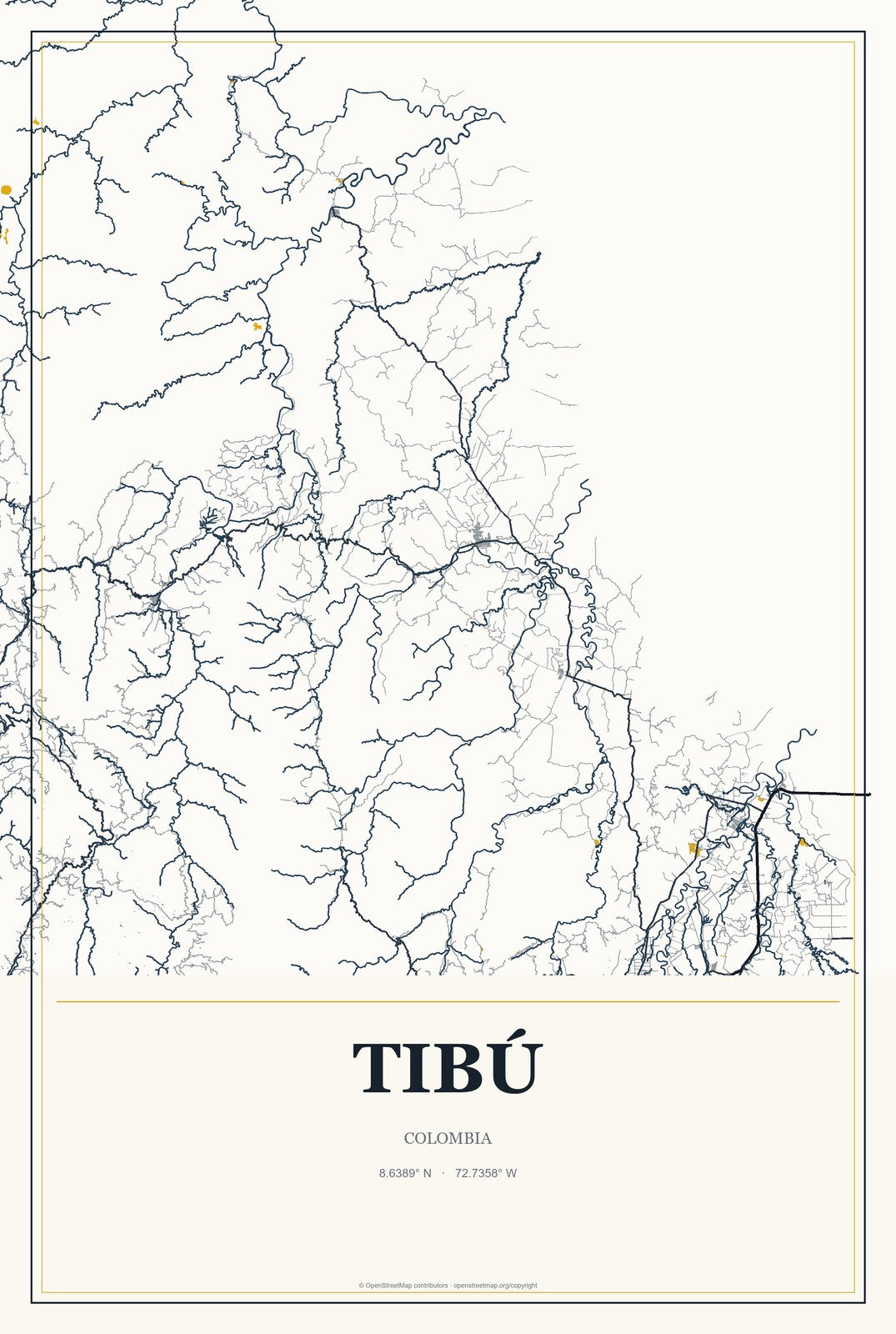 Tibú, Colombia City Map Aluminum Sign in Citrine Modern style