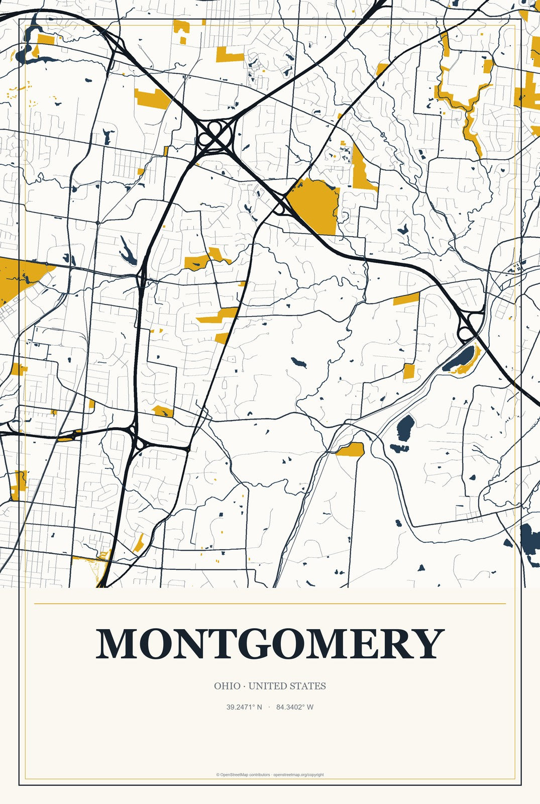 Montgomery, Ohio City Map Aluminum Sign in Citrine Modern style