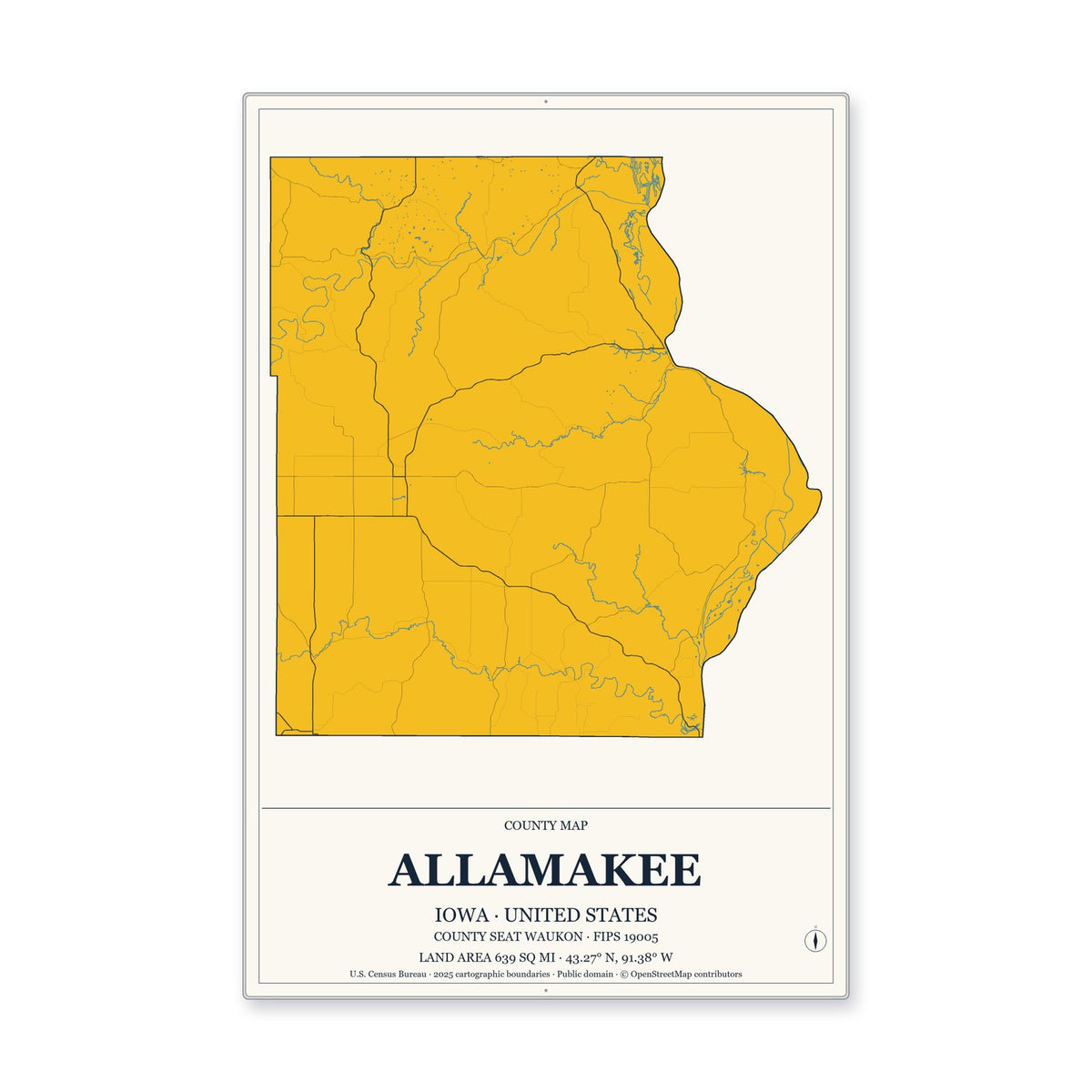 Allamakee County, Iowa Map Aluminum Sign in Citrine Modern style