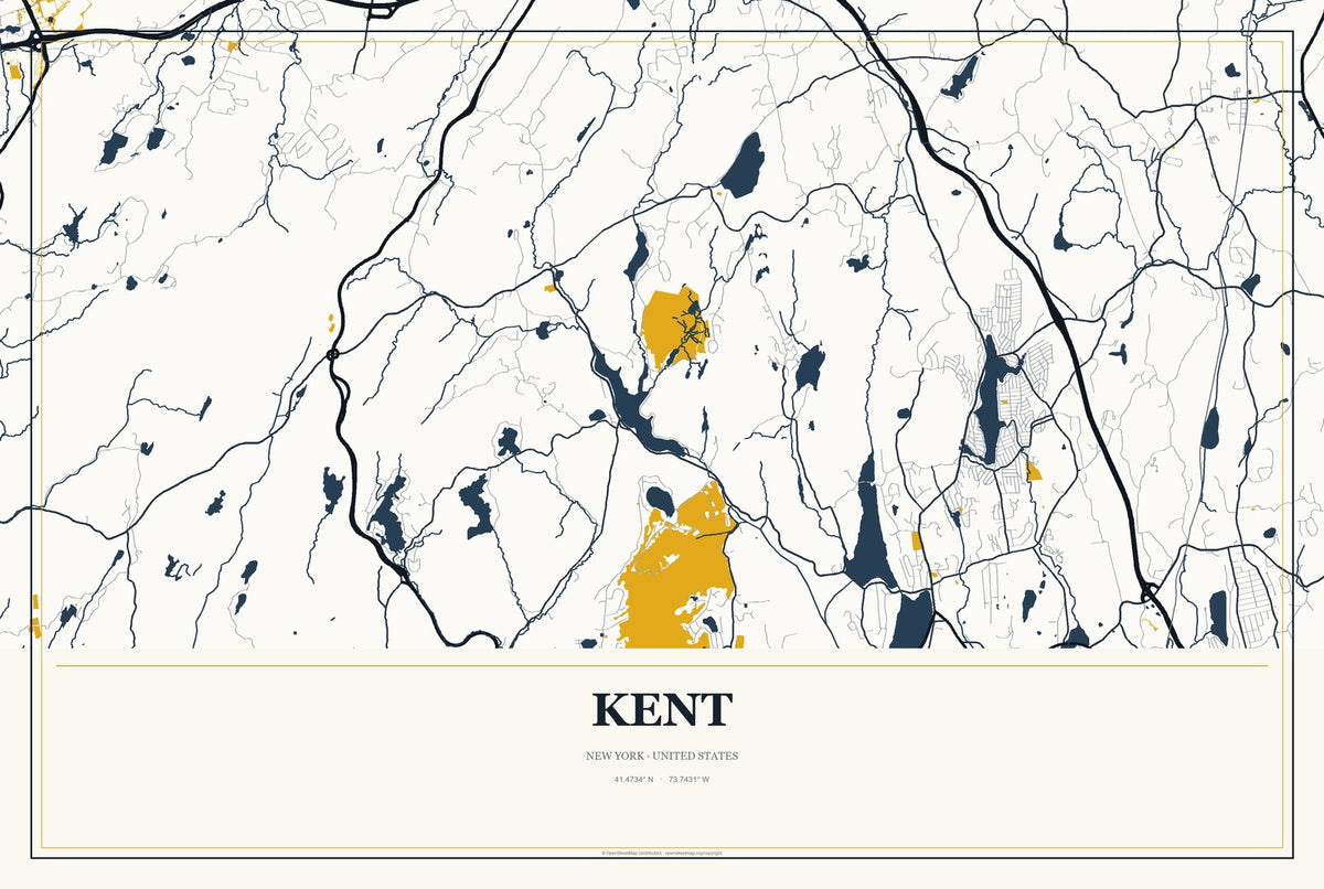 Kent, New York City Map Aluminum Sign in Citrine Modern style