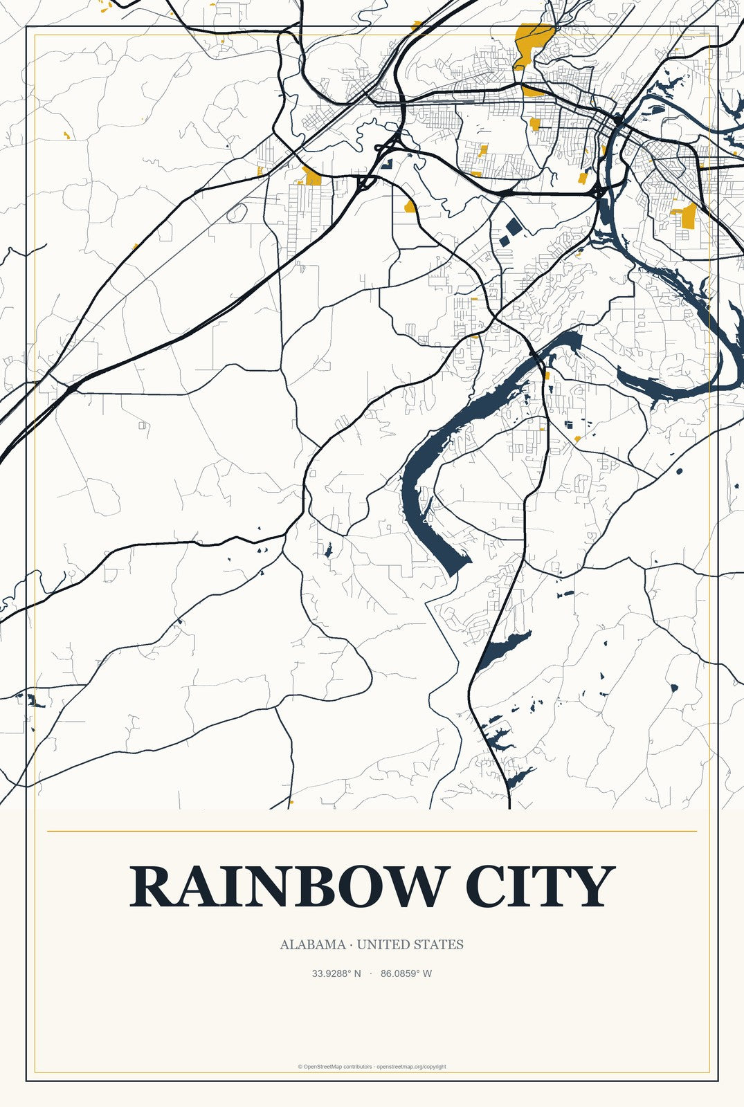 Rainbow City, Alabama City Map Aluminum Sign in Citrine Modern style