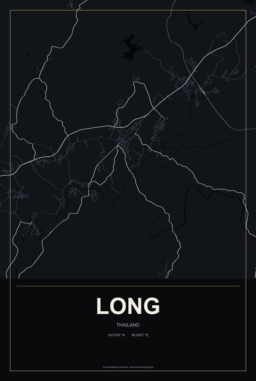 Long, Thailand City Map Aluminum Sign in Metropolitan Noir style