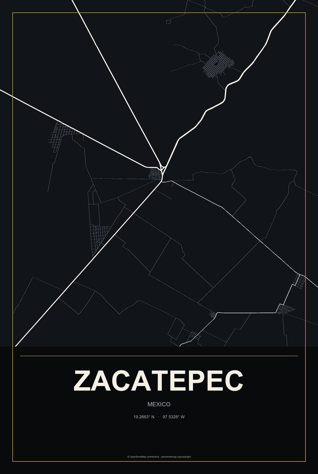 Zacatepec, Mexico City Map Aluminum Sign in Metropolitan Noir style
