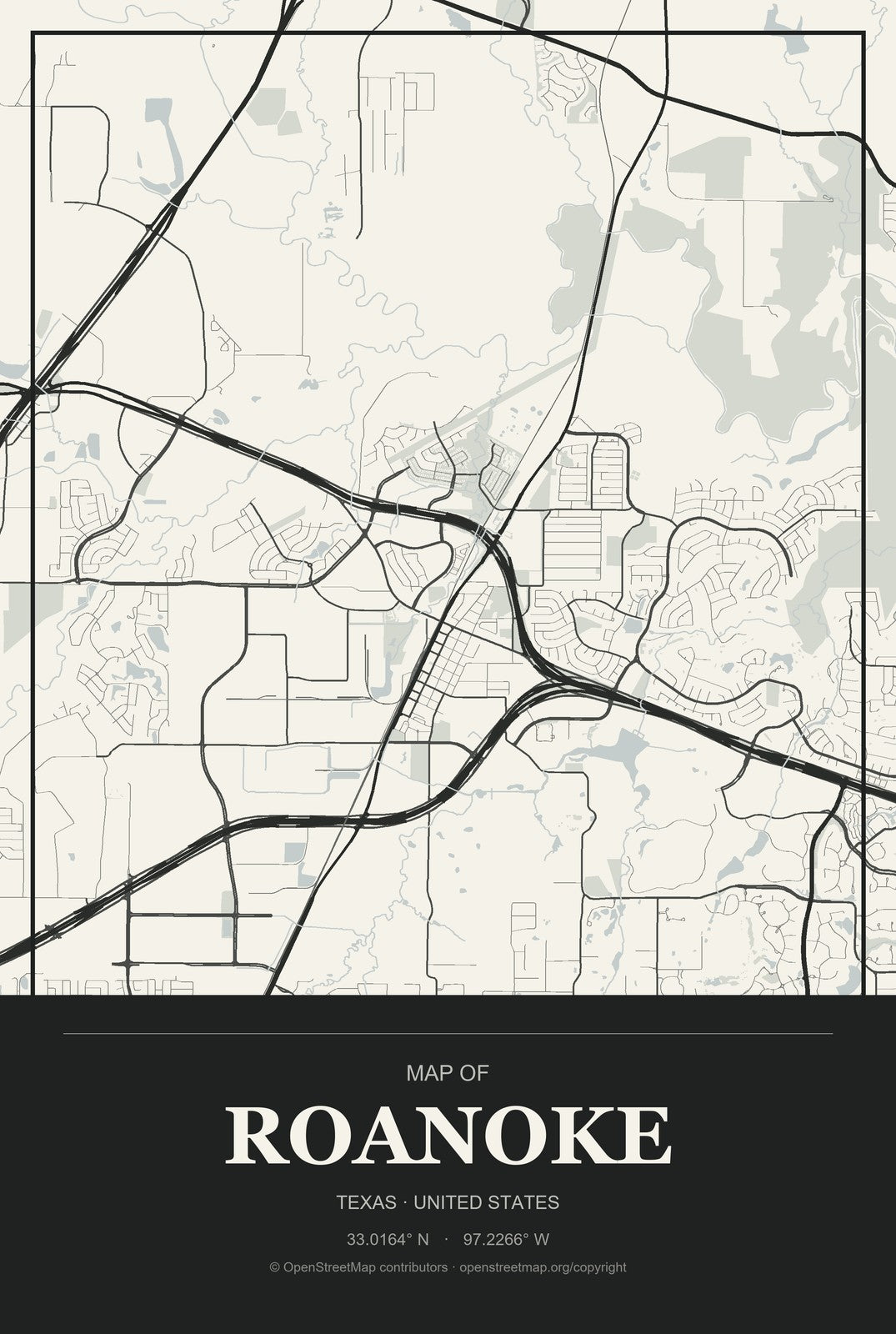 Roanoke, Texas City Map Aluminum Sign in Museum Plaque style