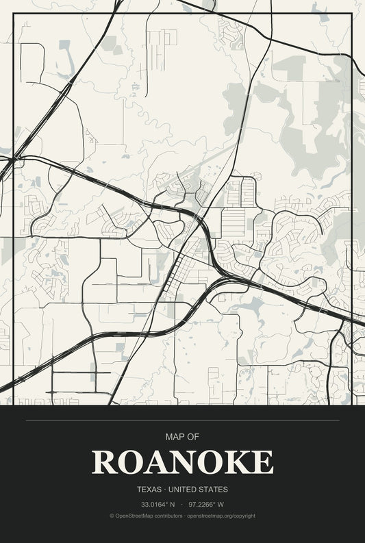 Roanoke, Texas City Map Aluminum Sign in Museum Plaque style